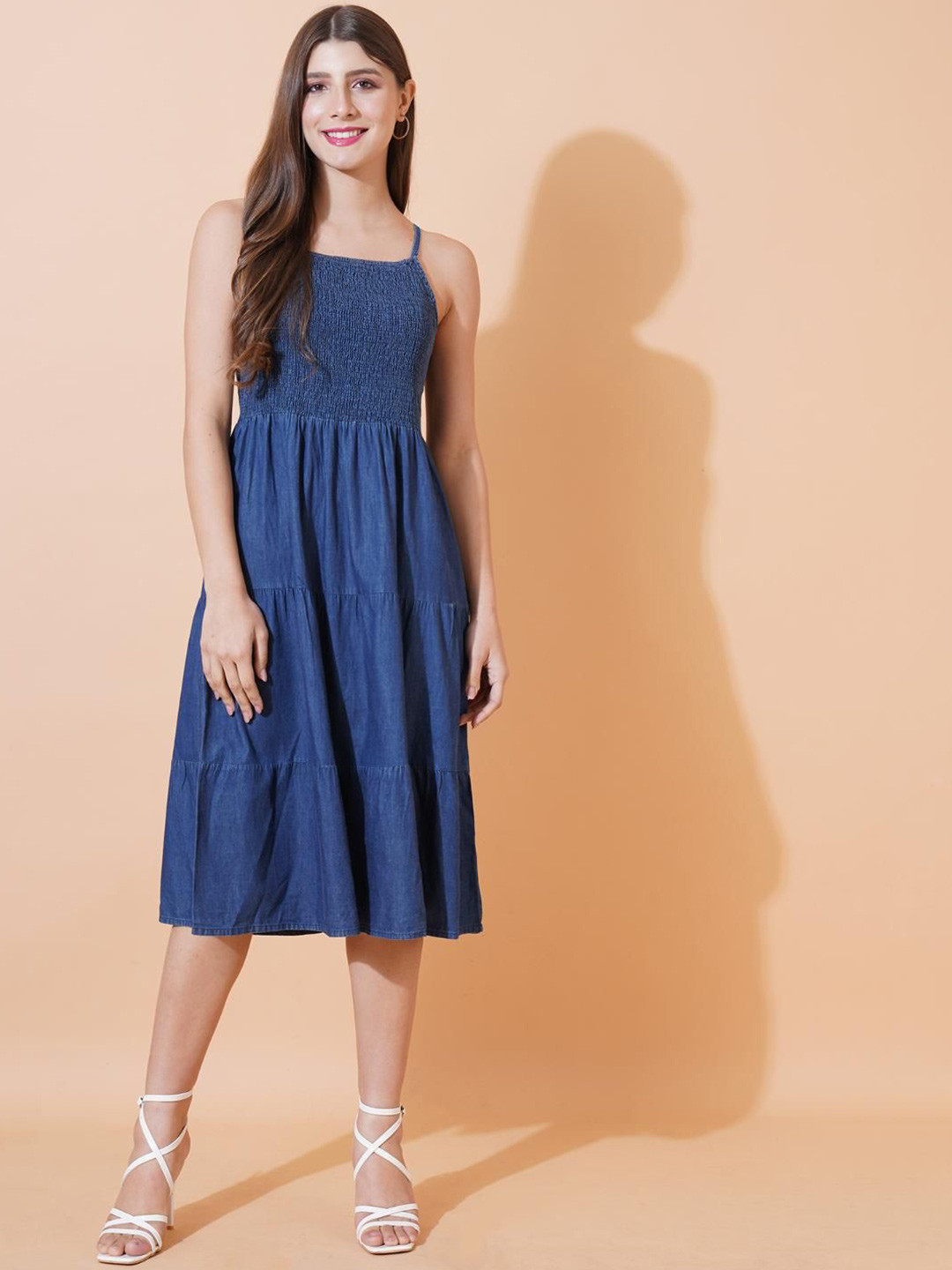 SAAKAA Shoulder Straps Denim Fit and Flare Midi Dress
