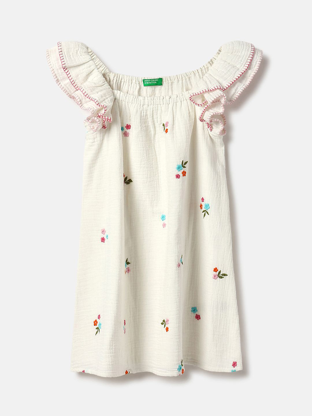 United Colors of Benetton Girls Floral Embroidered Cotton Shift Dress