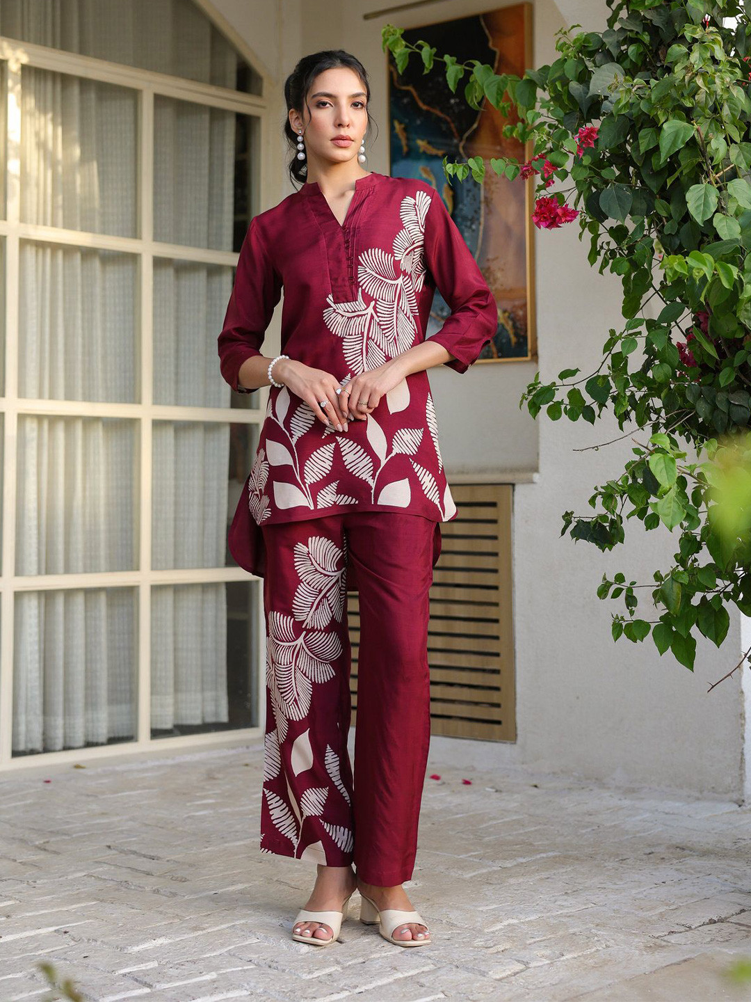 JISORA Tropical Printed Russian Silk Tunic With Trouser Co-Ord Set