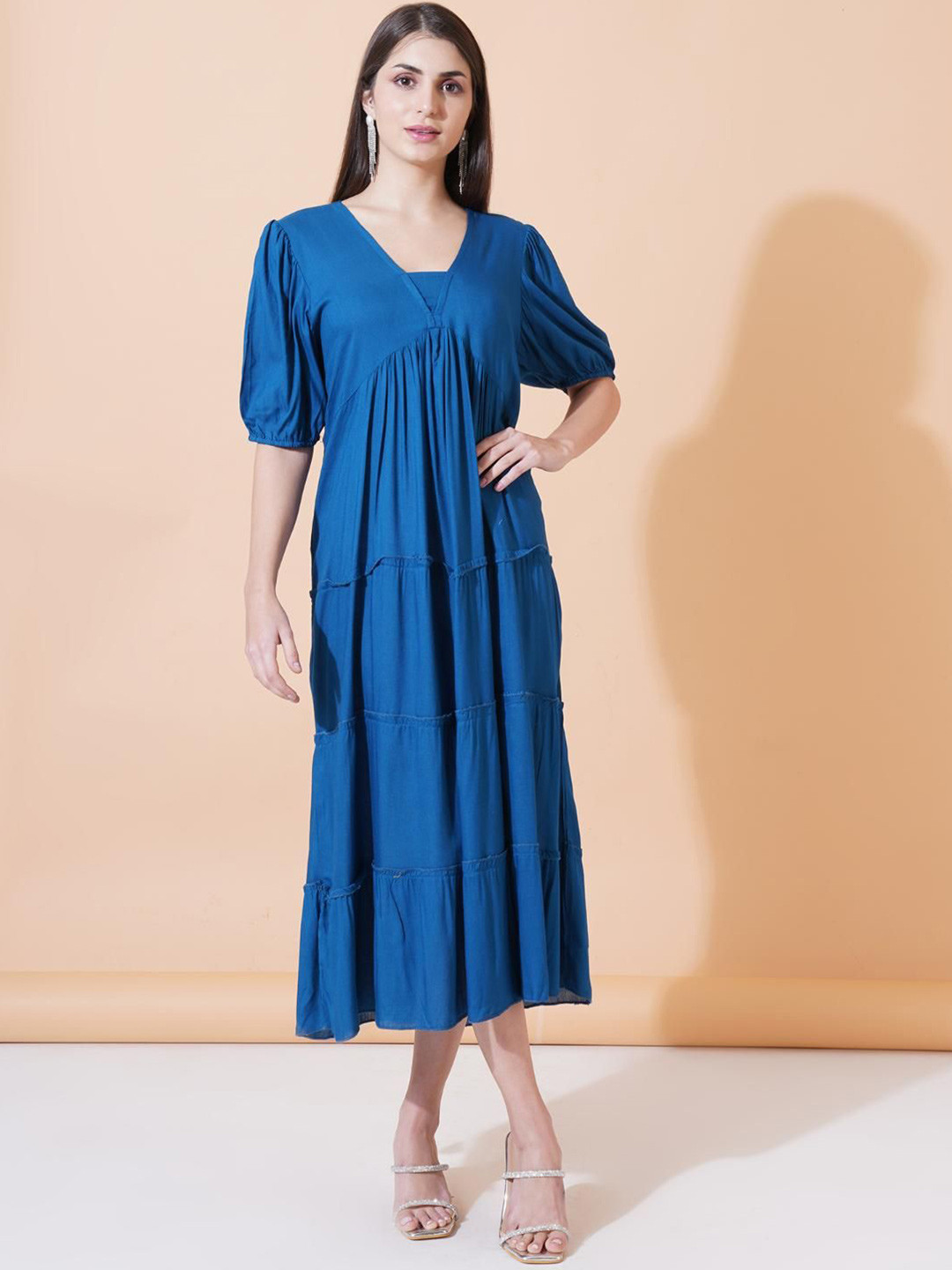 SAAKAA Solid Gathered or Pleated V-Neck Fit and Flare Midi Dress