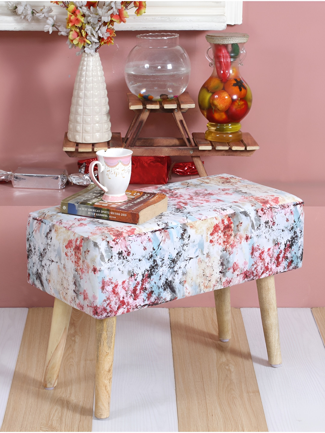 Shadowkart Black & Red Printed Wooden Rectangle Shaped Ottomans