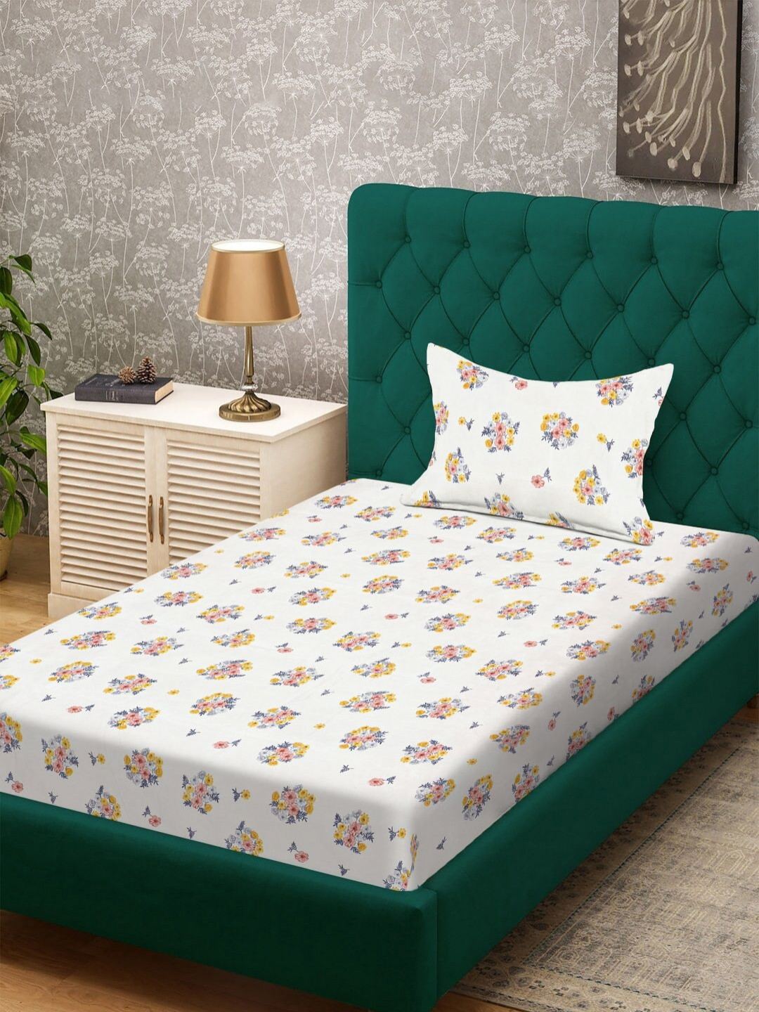 KLOTTHE Cream & Yellow Floral Printed 300 TC Single Bedsheet Set 2.25m x 1.50m