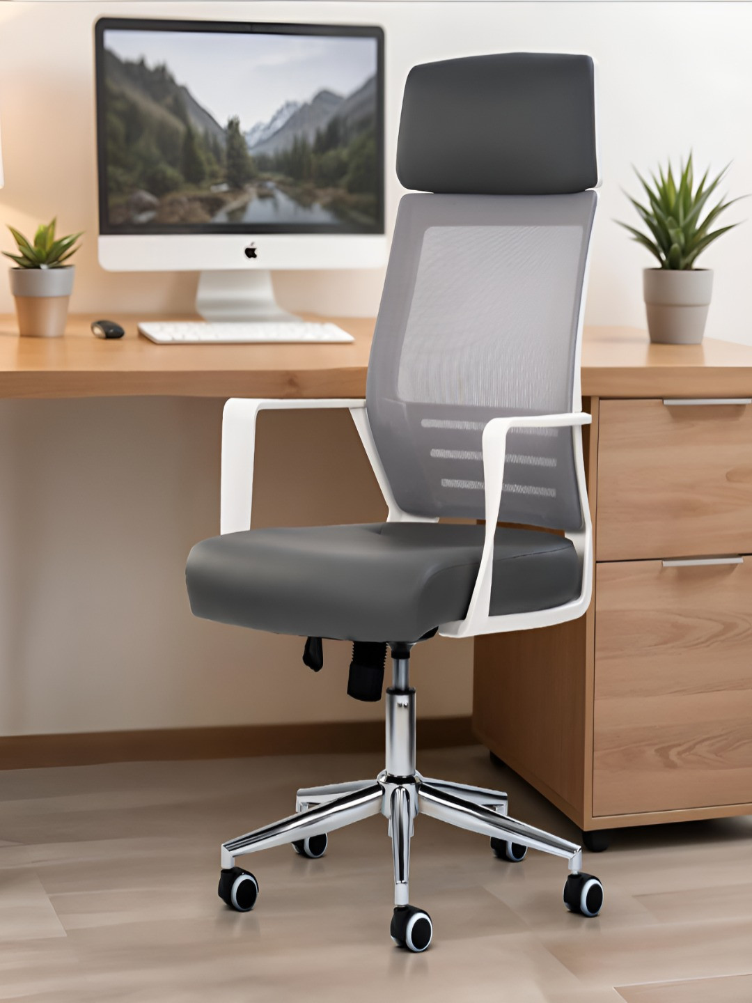 DROGO Lumina Pro Ergonomic Grey Leatherette Fixed Armrest & Lumbar Support Study Chair