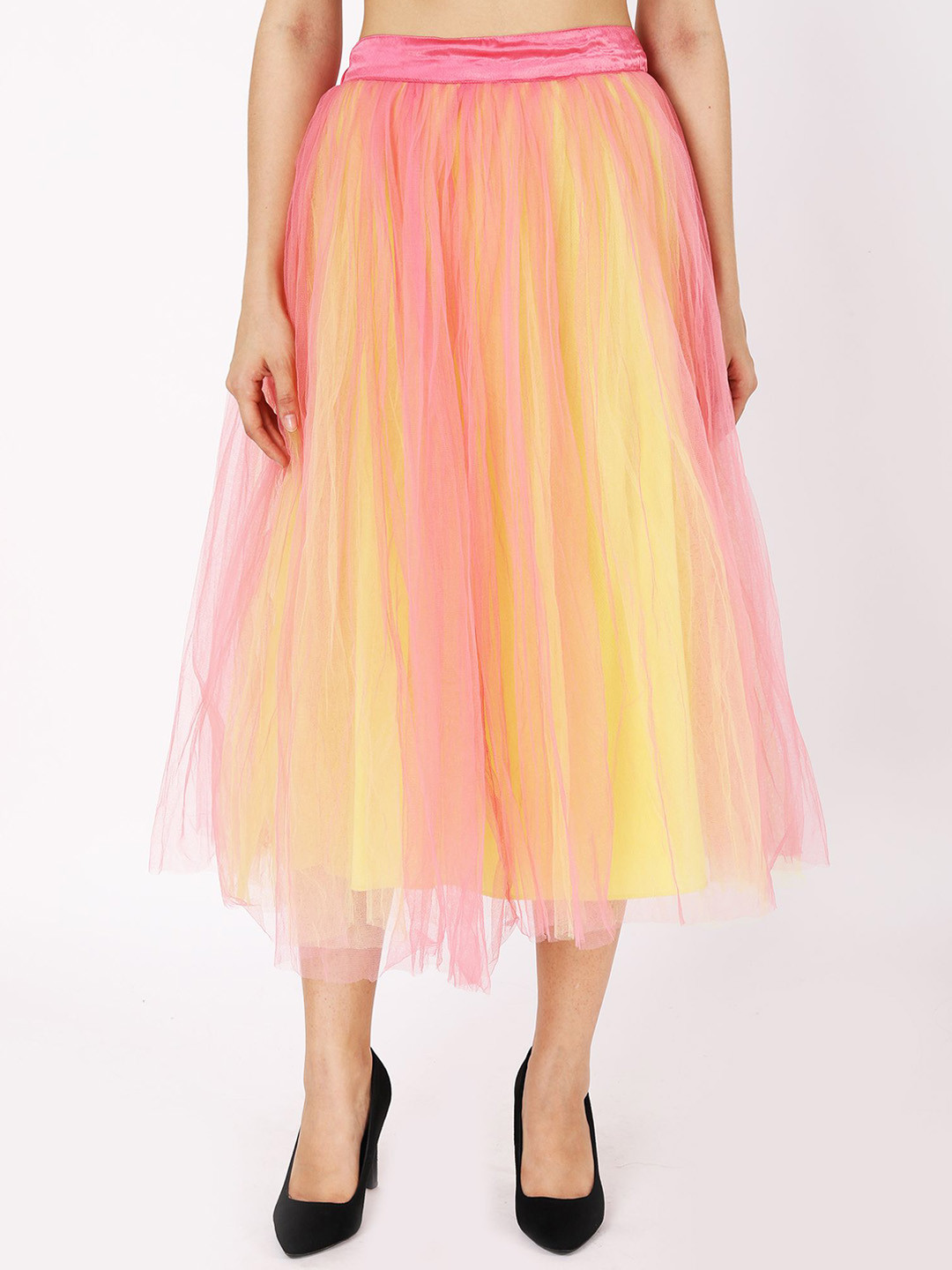 JAKANARY Double-Layered Flared Knee-Length Skirt