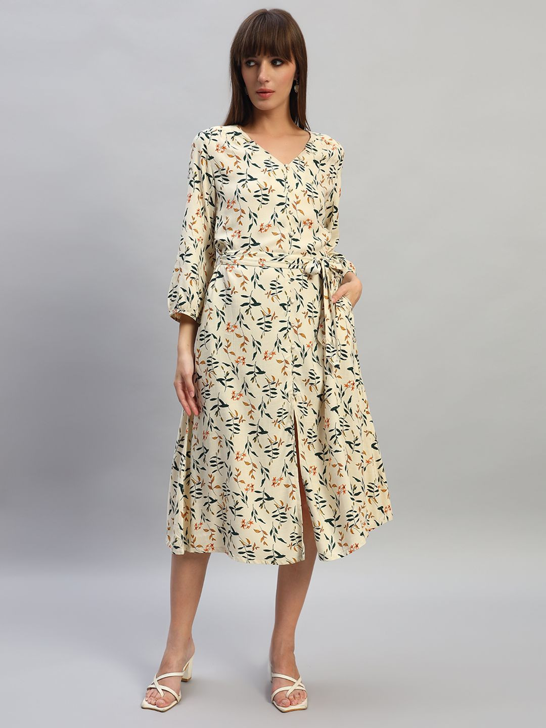 Cantabil Floral Print Slit Fit & Flare Midi Dress