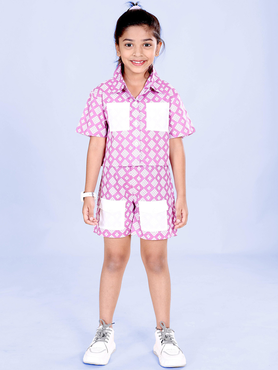 KiddoPanti Girls Printed Pure Cotton Short Sleeve With Pocket Clothing Set