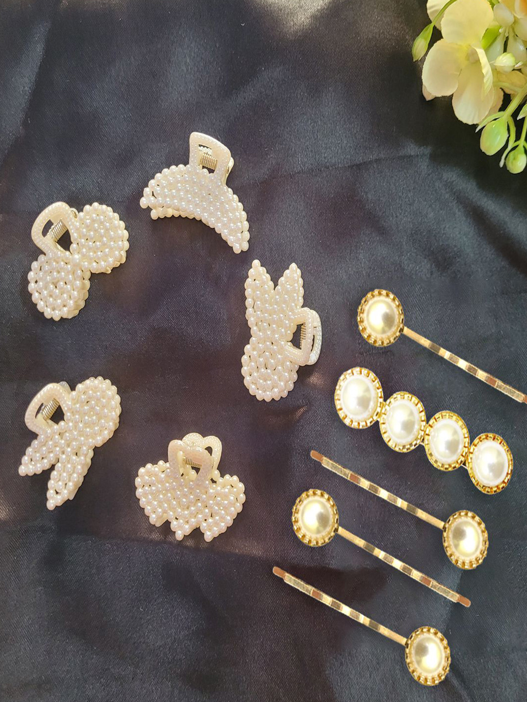 LYKAA Set of 10 Golden Pearl Golden Pins With Pearl Hair Clutchers Combo