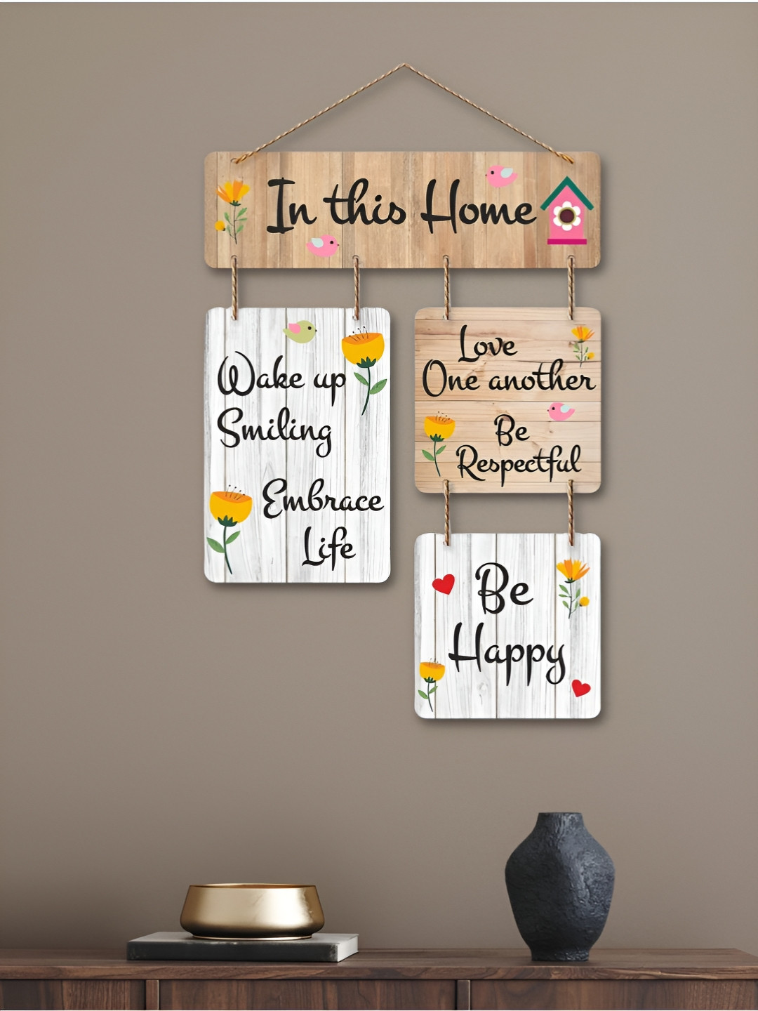 eCraftIndia In This Home Embrace Life Be Respectful Happy Wood Matte Wall Hangings-21In