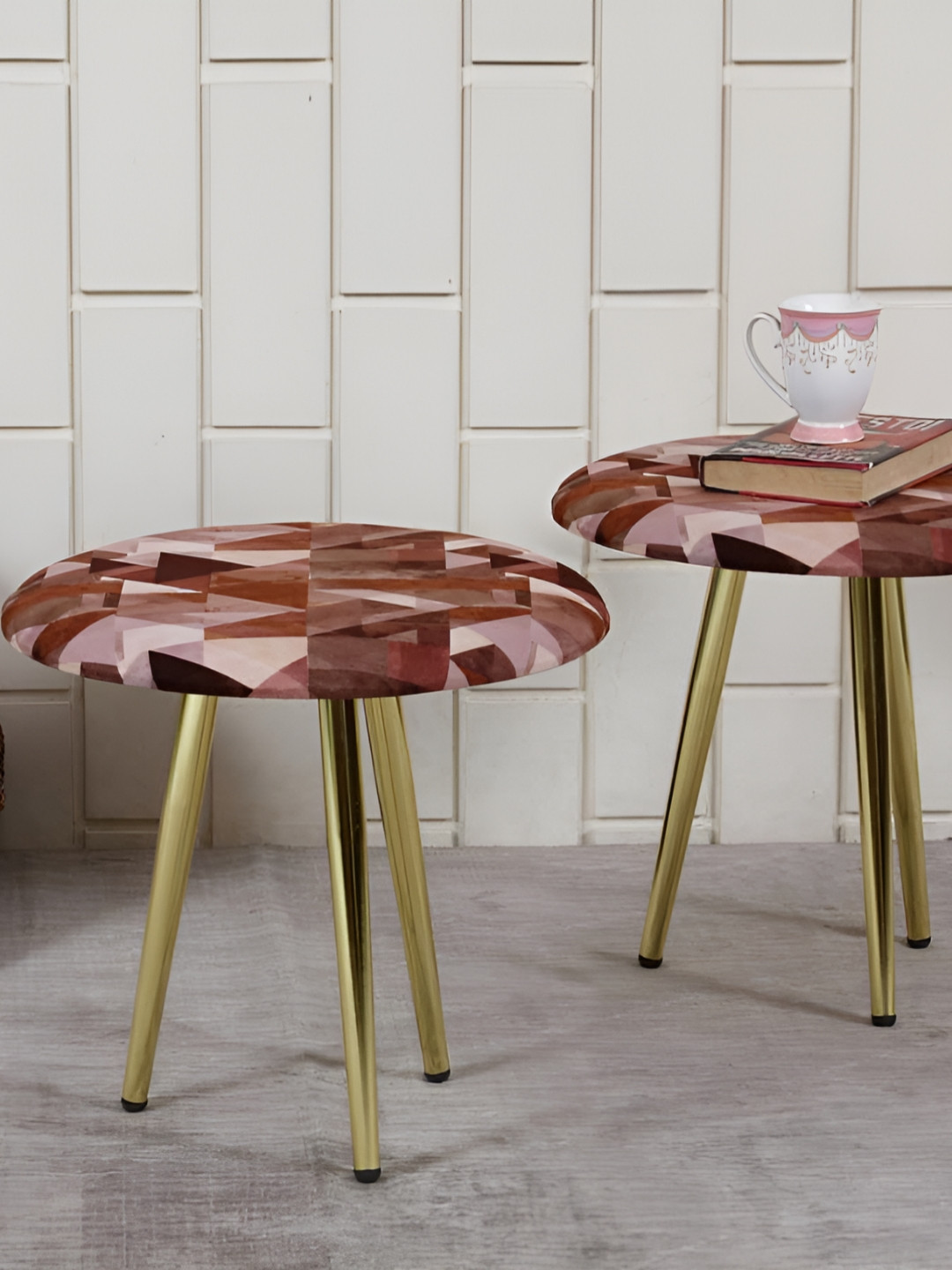 Shadowkart 2 Pcs Maroon & Mauve Printed Wooden Pouffe Ottoman