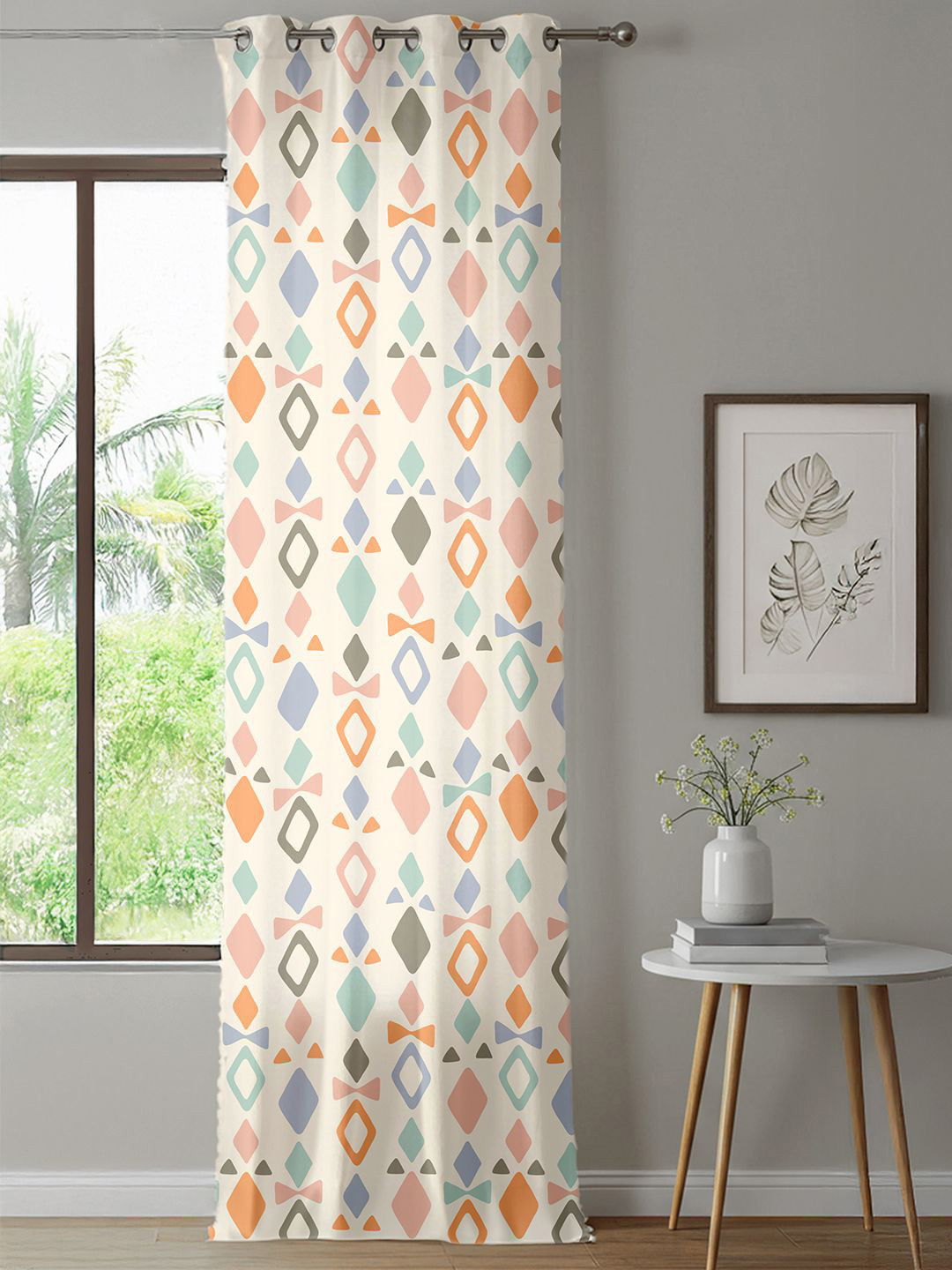 URBAN SPACE Boho White & Orange Geometric Printed Cotton Window Curtain