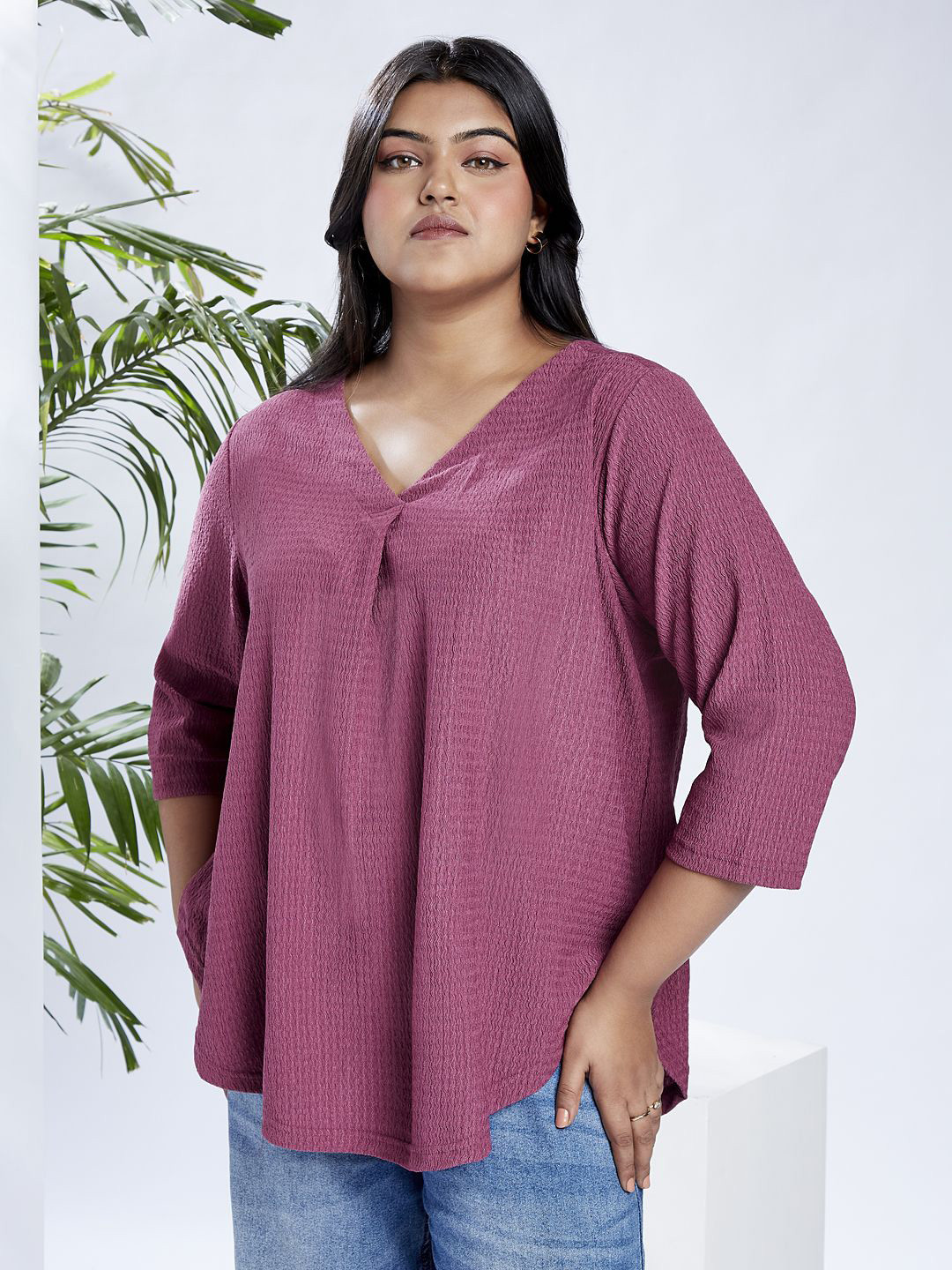 Globus Gloplus V-Neck Self Design Curved Hem Plus Size Workwear Top