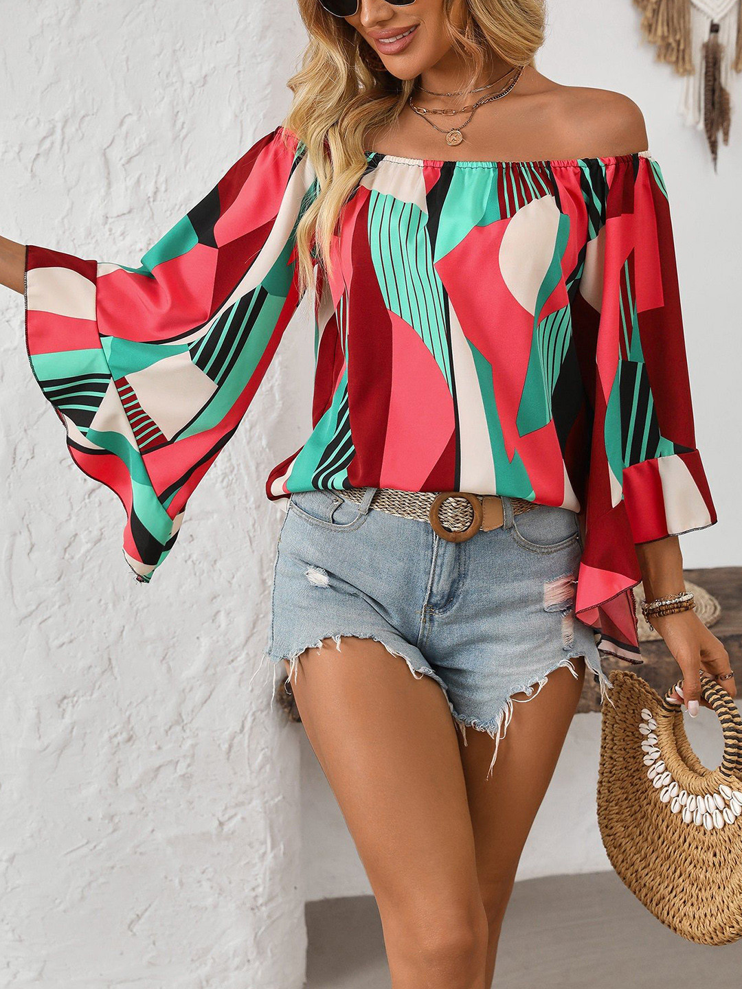 Outzidr Red Off-Shoulder Flowy Top