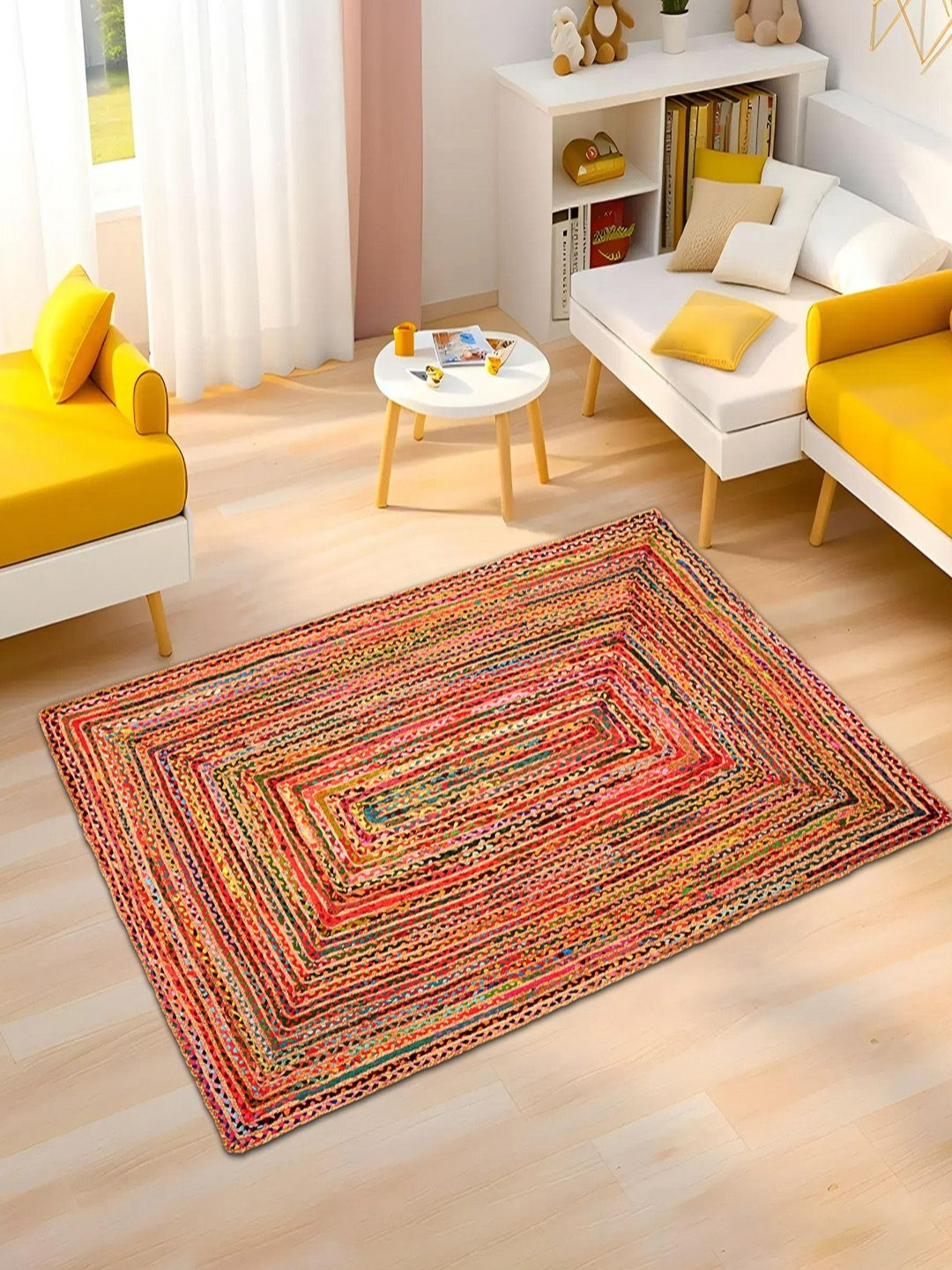 Aura Pink Floral 5x7 Feet Anti-Skid Satranji Doubling Jute Rug & Carpet for Home & Bedroom