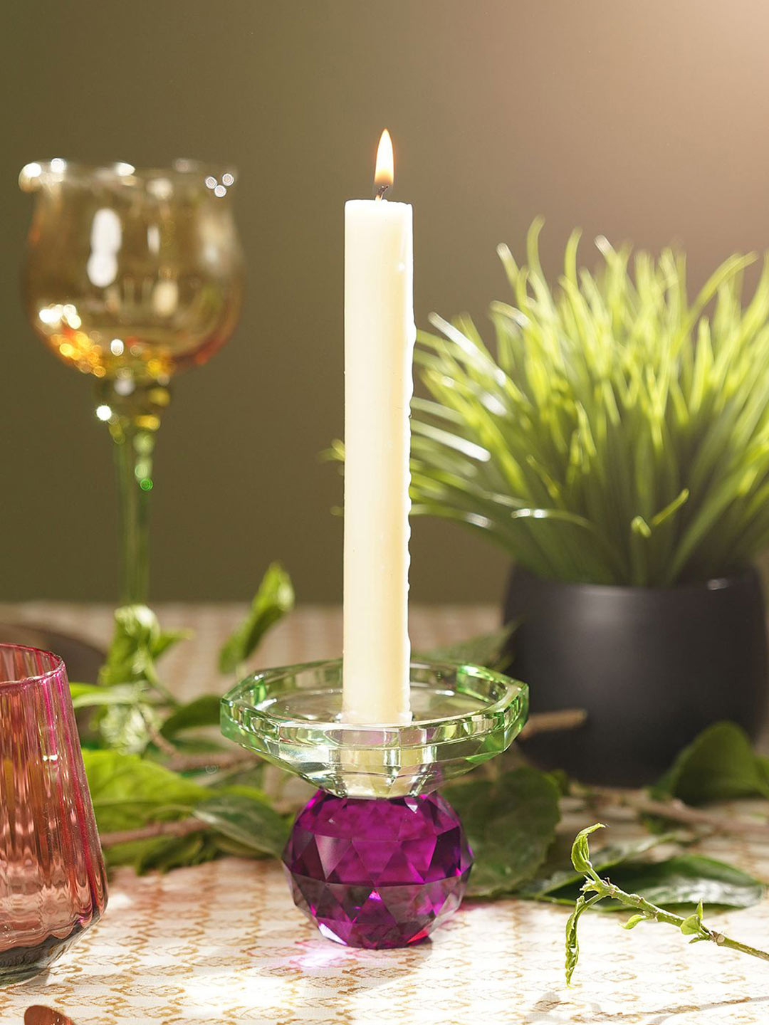 Pure Home and Living Purple & Green Glass Textured Candle Holder
