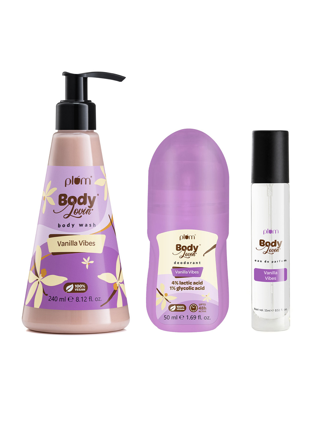 Plum Set Of BodyLovin' Vanilla Vibes Eau De Parfum, Deodorant Roll-On & Shower Gel