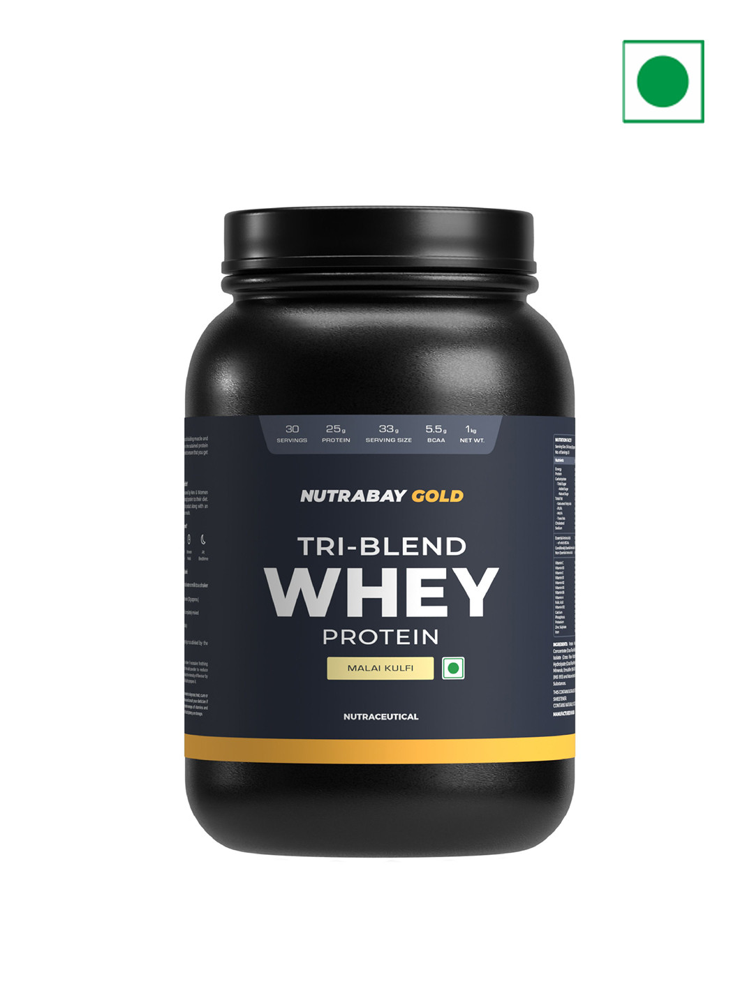 Nutrabay Gold Tri Blend Whey Protein Powder - 1 Kg - Malai Kulfi