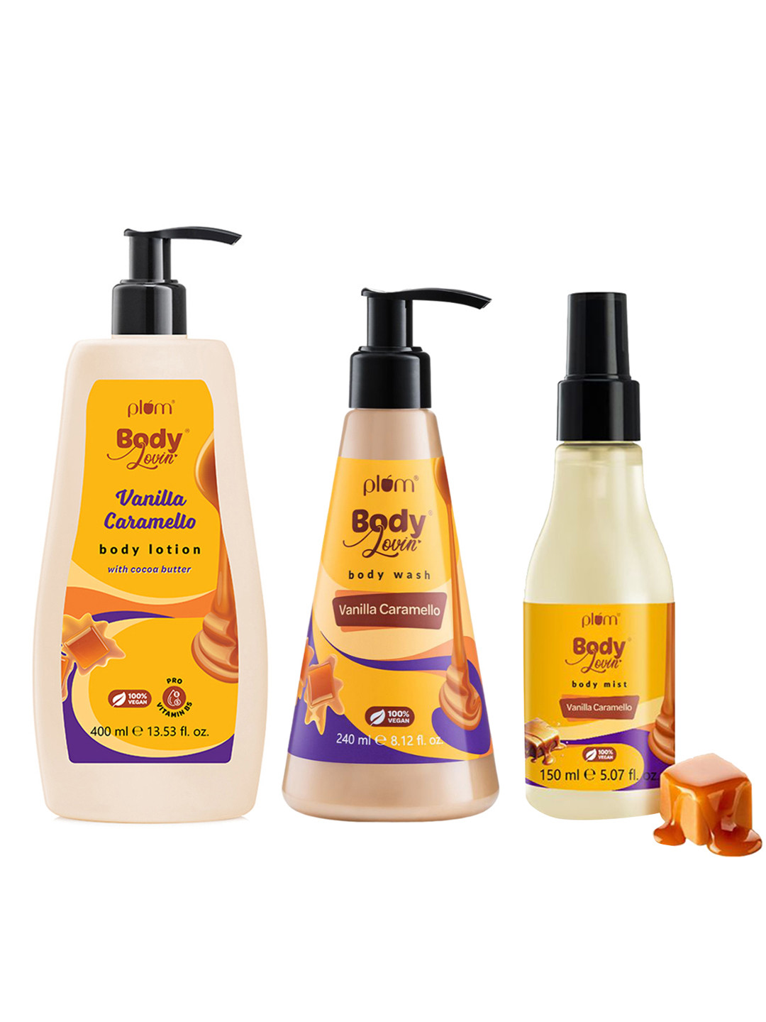 Plum Set Of BodyLovin' Vanilla Caramello Body Lotion, Body Wash, Body Mist