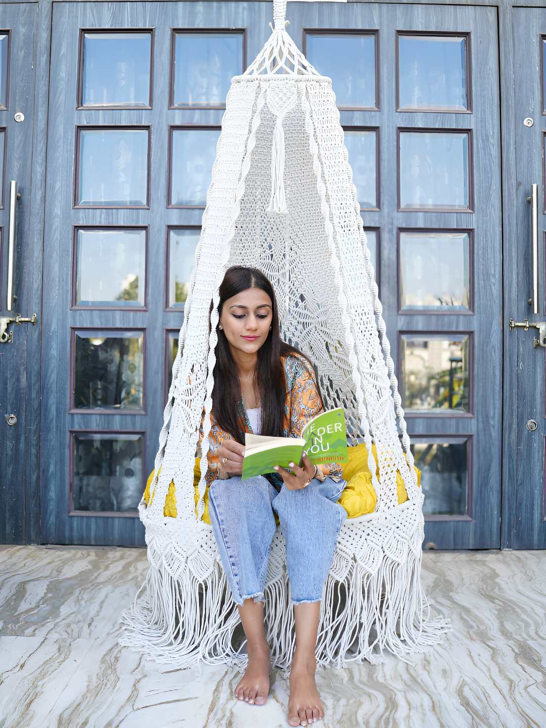 Patiofy White Macram Comfortable Hammock Swing Chair With Cushion