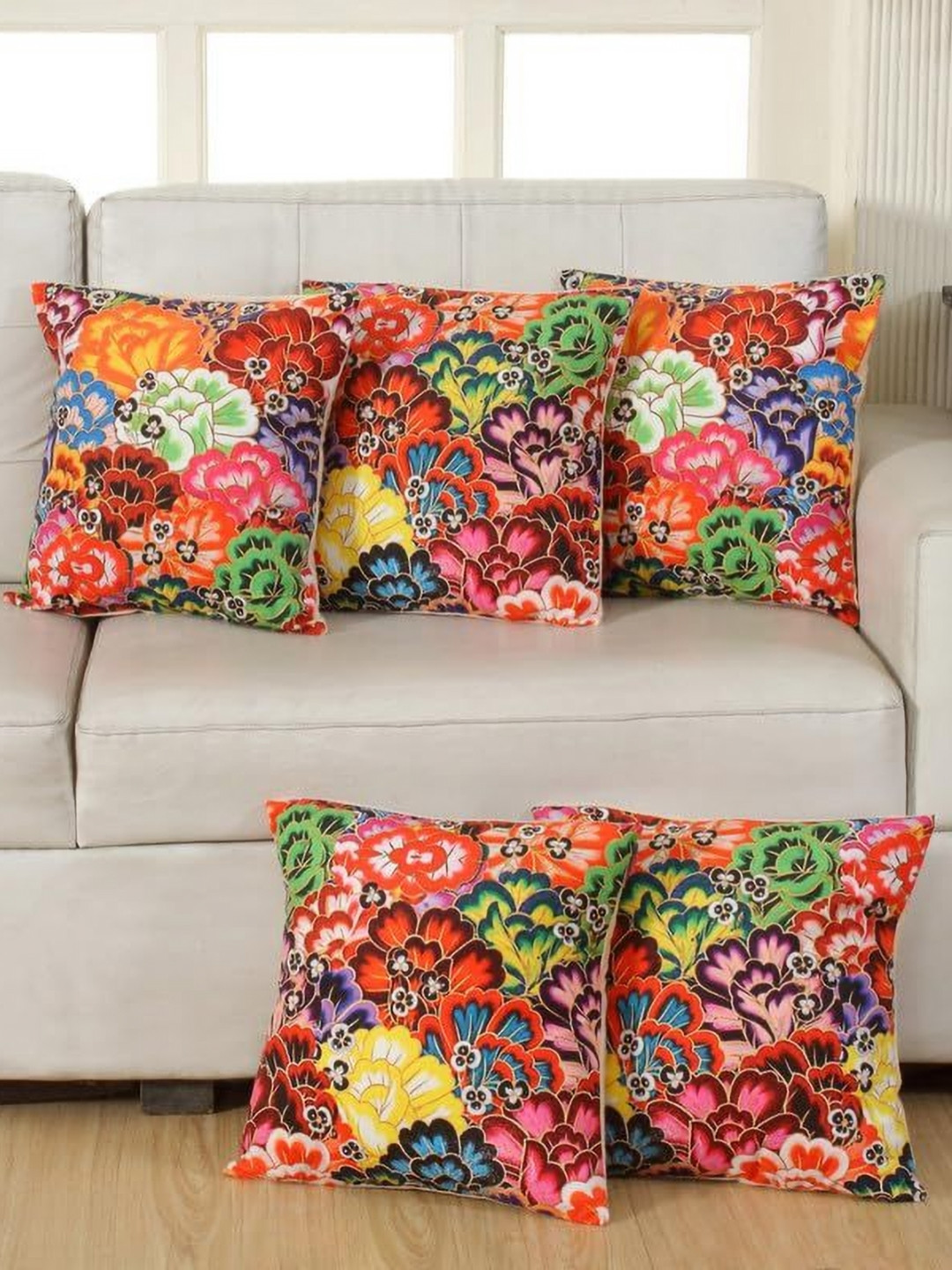 Shadowkart Orange Colored & Green 5 Pieces Floral Printed Square Cushion Covers