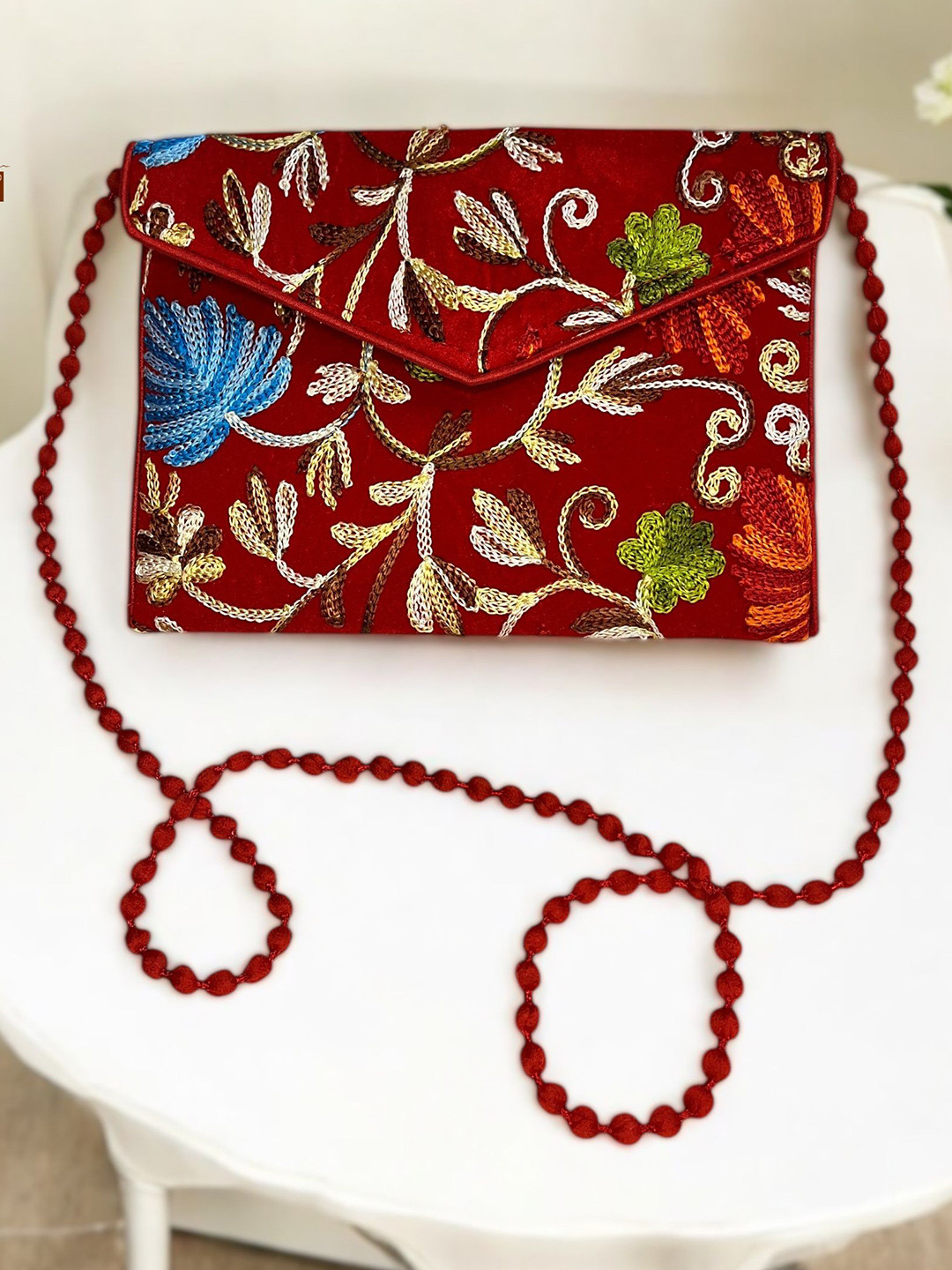 Sutliyan Kashmiri Floral Embroidered Embellished Envelope Clutch With Shoulder Straps