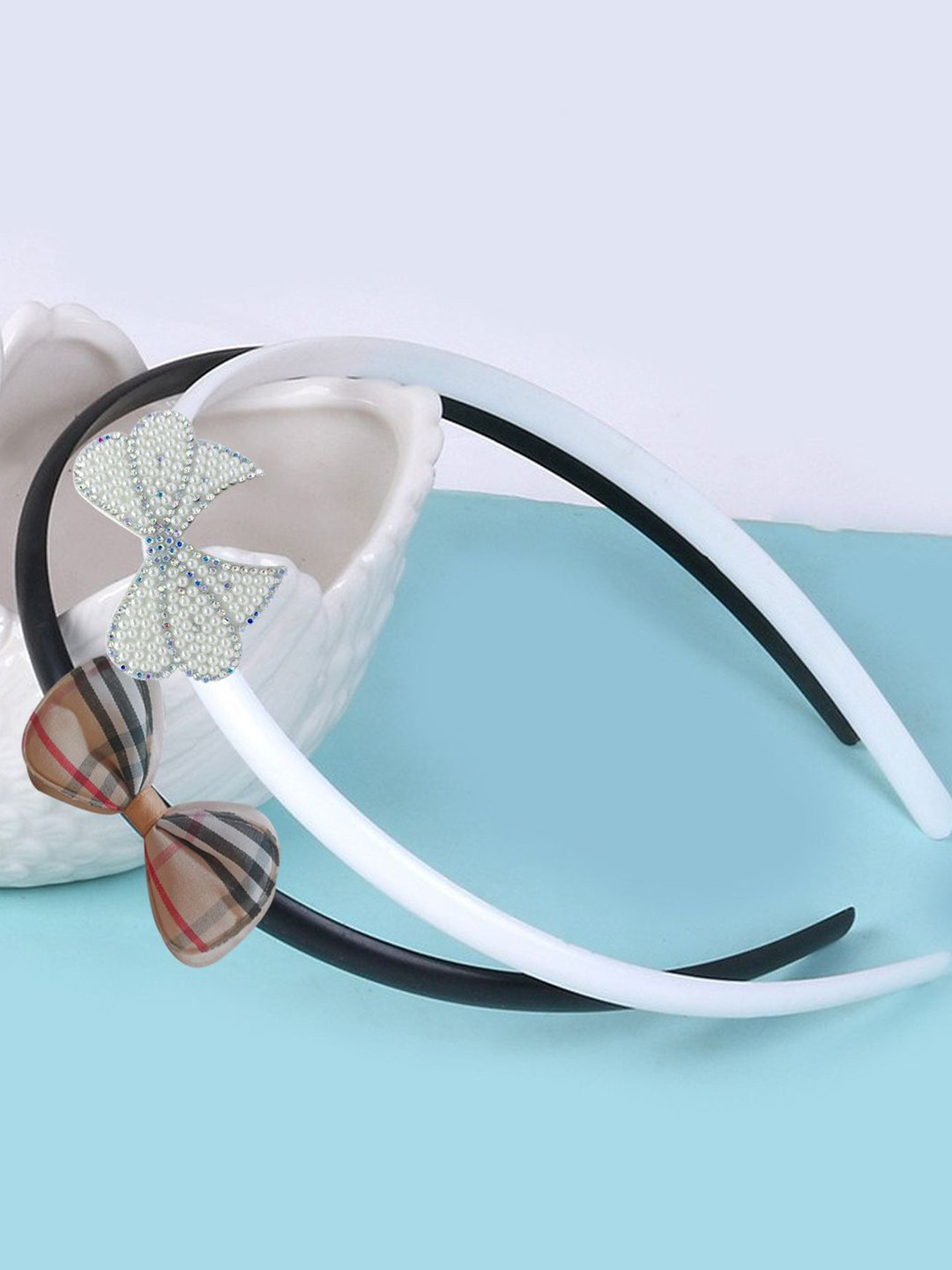 LYKAA Set of 2 Brown & White Elegant Pearl and Check Bow Headbands Combo