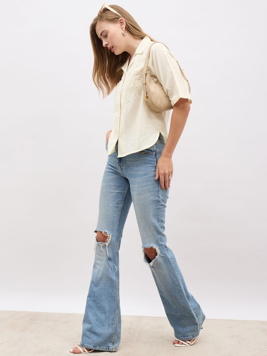 Styli Women Casual Schiffli Boxy Fit Eyelet Embroidery Detail Shirt