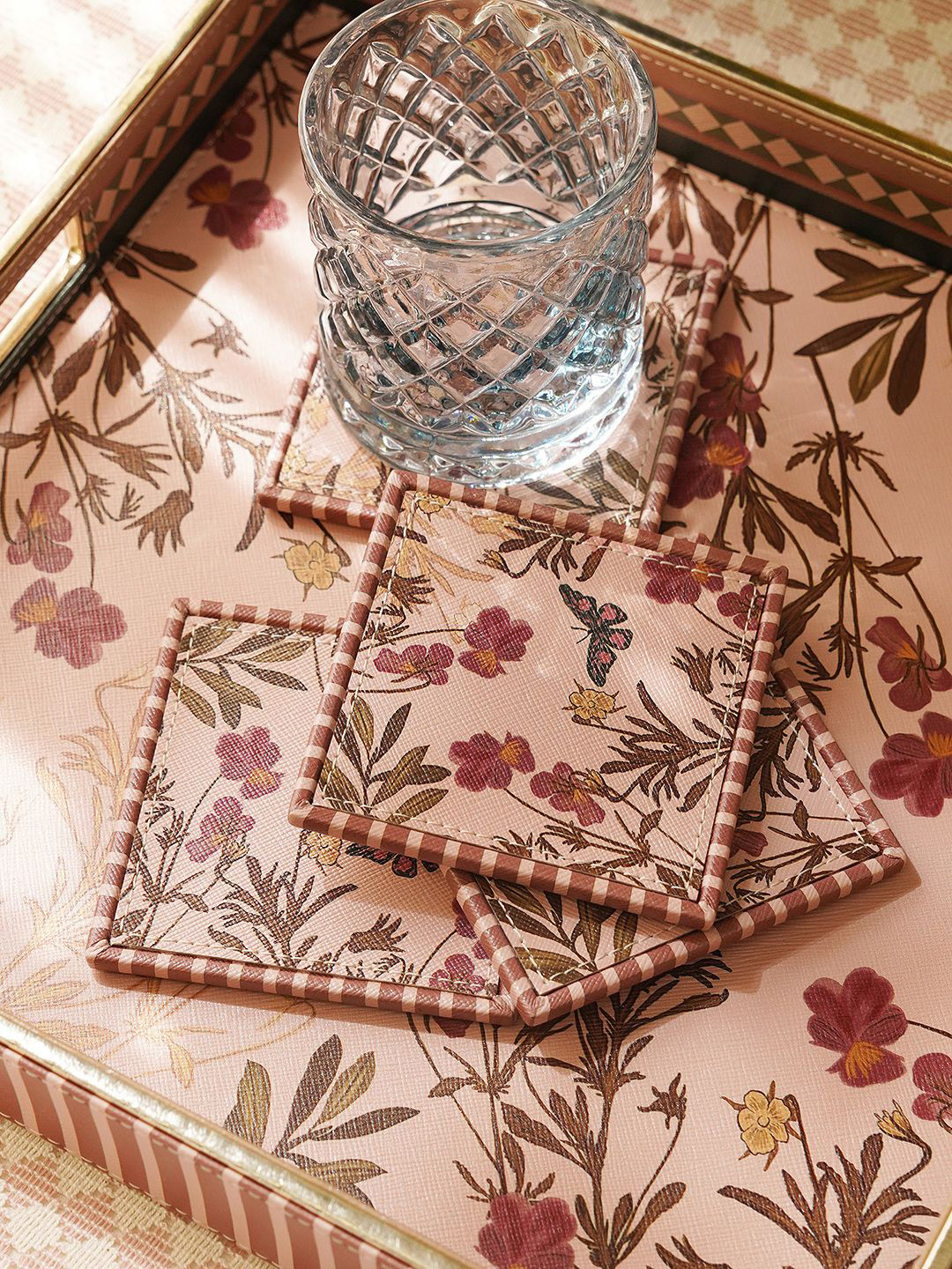 Pure Home and Living Pink & Green 4 Pieces Floral Printed Square Coasters