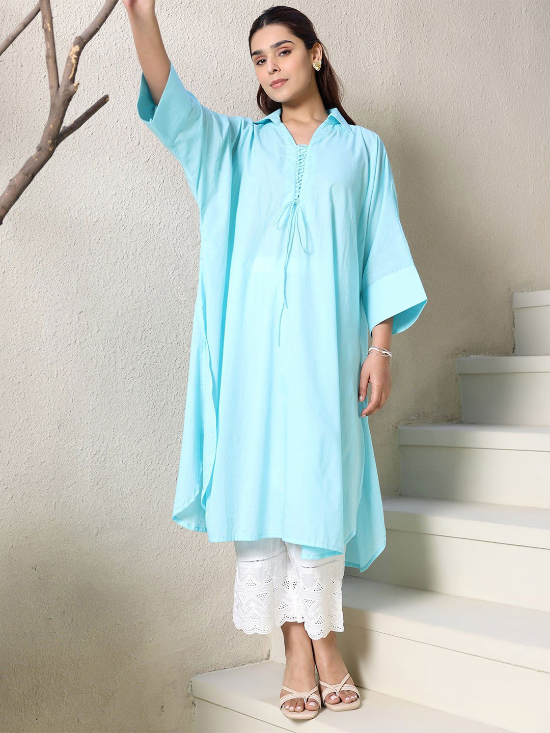 Ambraee Women Blue Flared Sleeves Cotton Straight Kurta