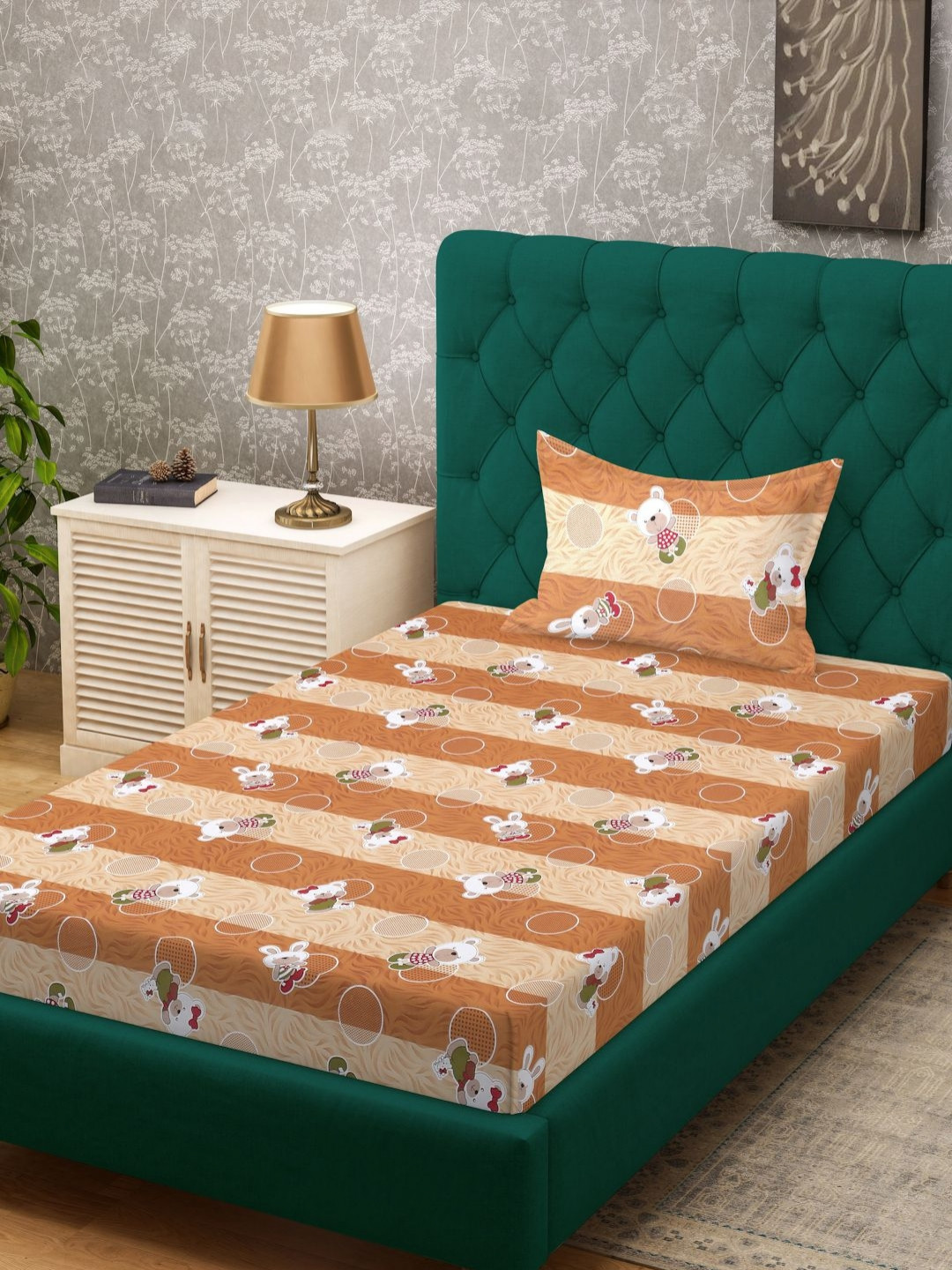 KLOTTHE Mustard Conversational Pure Cotton 300 TC Single Bedsheet with a Pillow Cover-89 x 59 inches