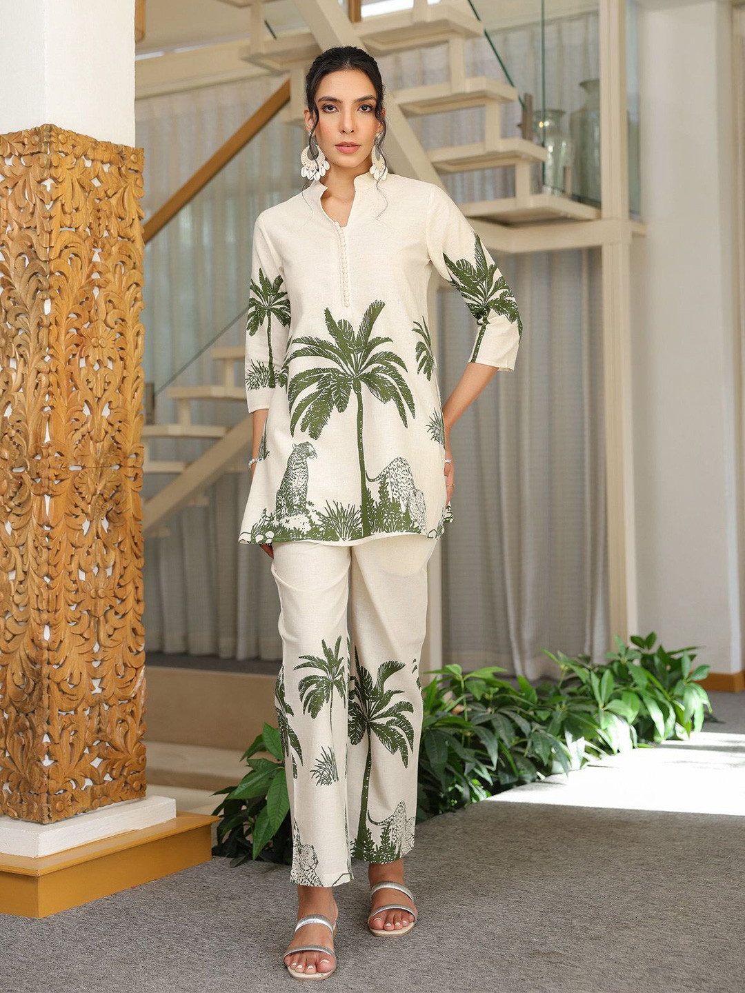 JISORA Tropical Printed Cotton Flex Tunic With Trouser Co-Ord Set