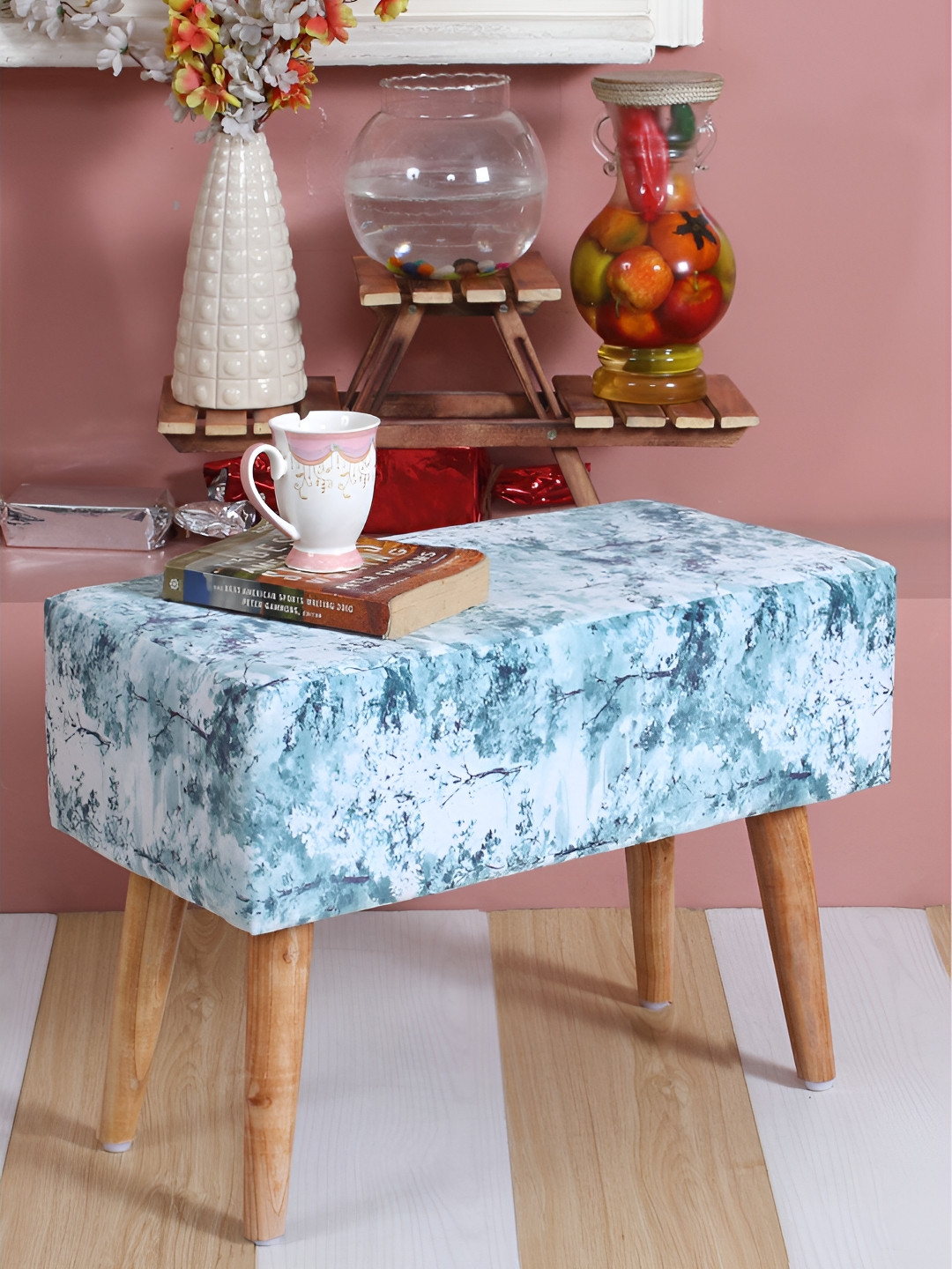 Shadowkart Sea Green Printed Wooden Rectangle Shaped Ottomans