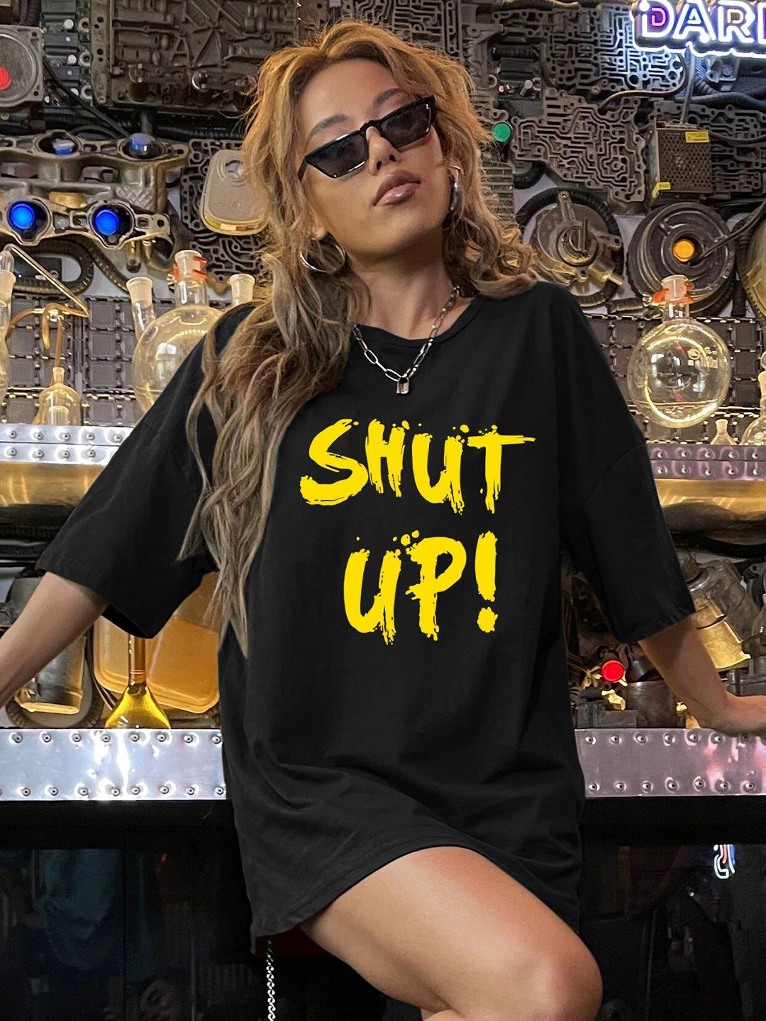 Outzidr Black & Yellow Typography Oversized T-shirt