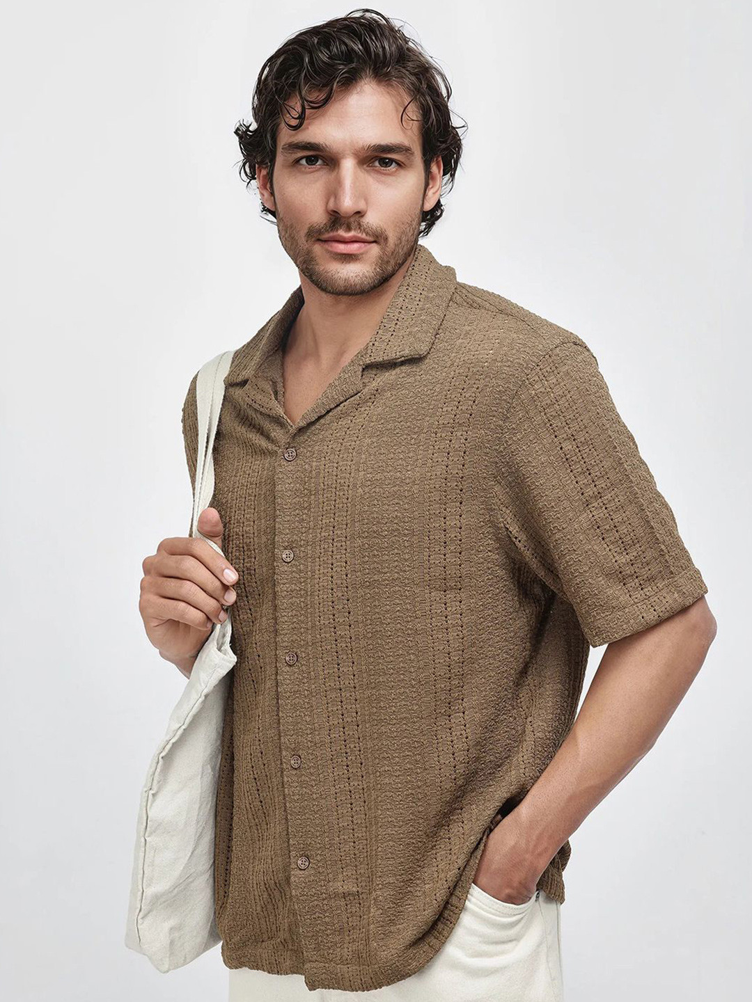 RARE RABBIT Men Comfort Limo Primary Brown Cotton Casual Shirt