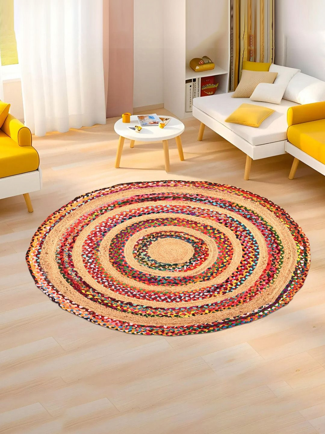 Aura Beige Floral 4x4 Feet Satranji Round Jute Rug & Carpet for Home & Bedroom