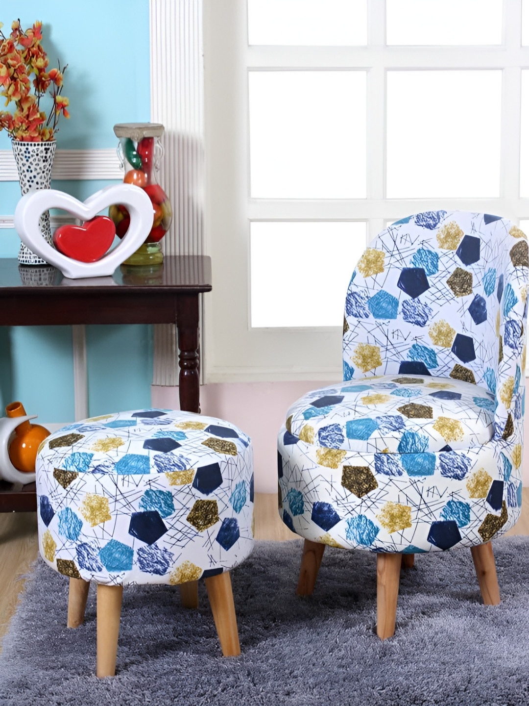 Shadowkart Set Of 2 White & Blue Crystal Printed Wooden Pouffes Ottomans