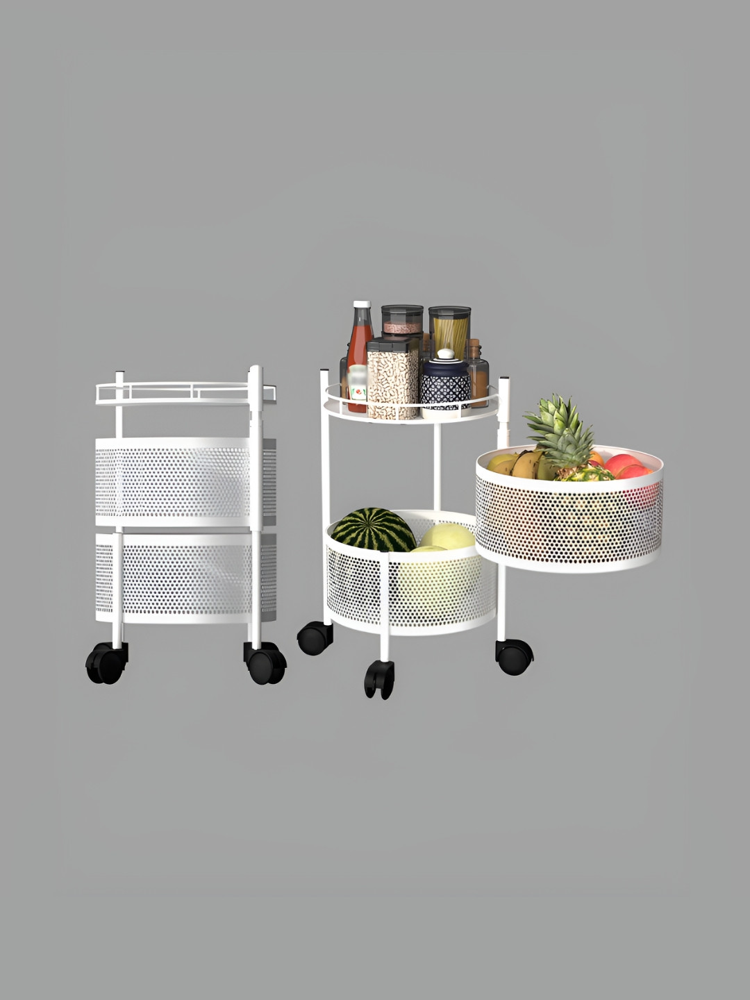 Aura White 2 Pcs 2-Tier Rotating Vegetable Rack Round Storage Kitchen Trolley