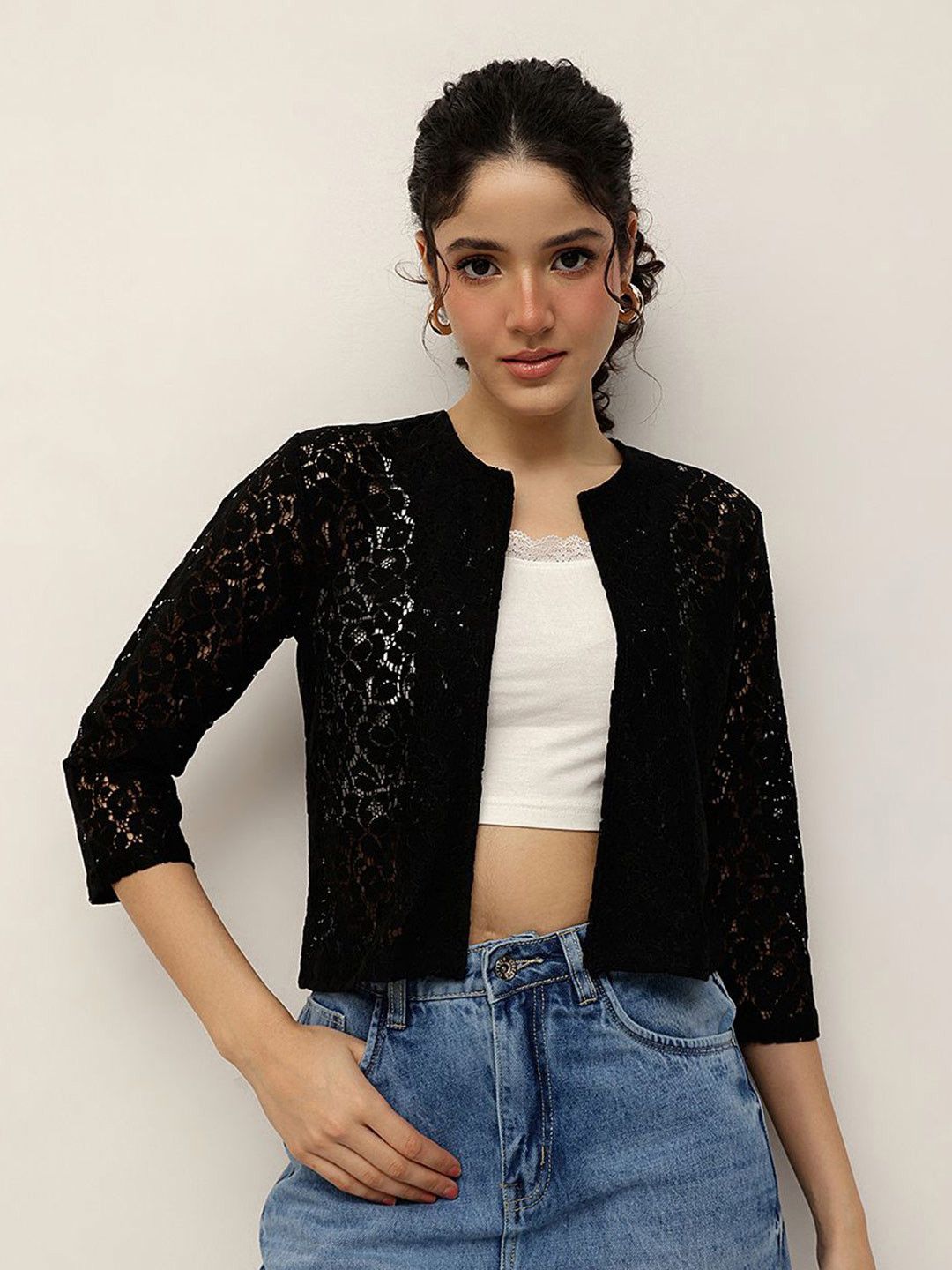 Espresso  Self Design Mandarin Collar Cotton Shrugs