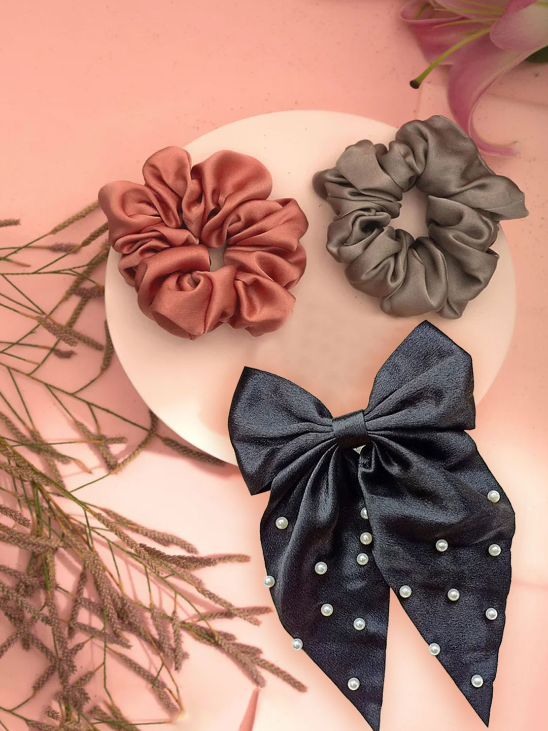 LYKAA Set of 3 Assorted Satin Large Bow with Satin Scrunchies Combo