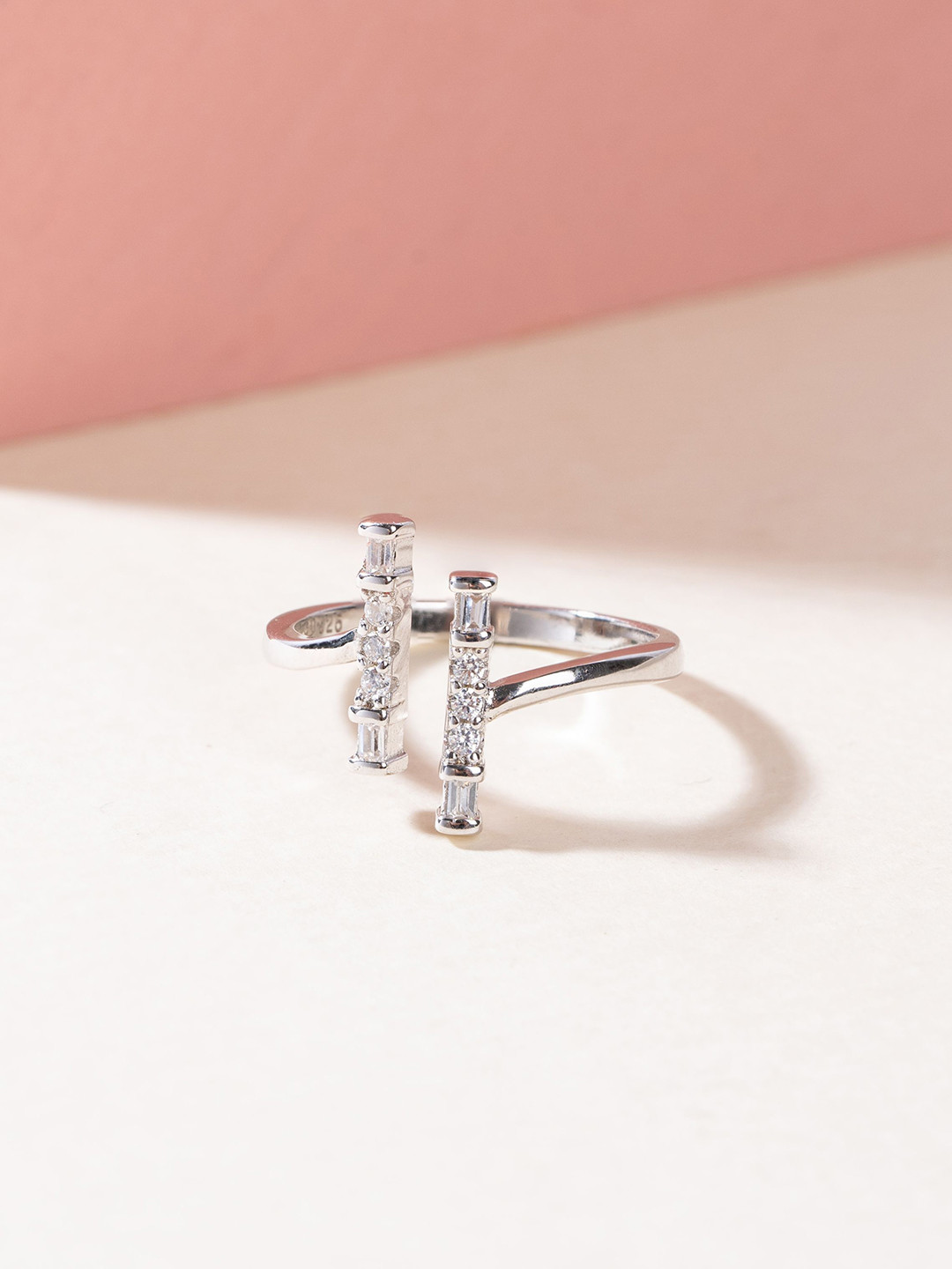 GLYTERS 925 Sterling Silver Rhodium Plated Stone Studded Cuff Finger Ring