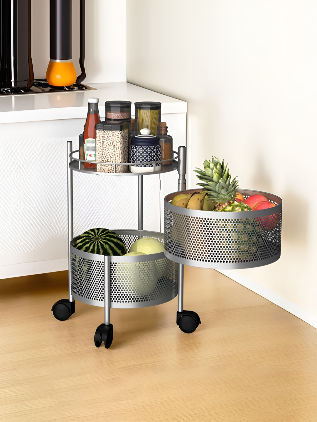 Aura Silver-Toned 2-Tier Rotating Vegetable Storage Rack Kitchen Trolley with Wheels