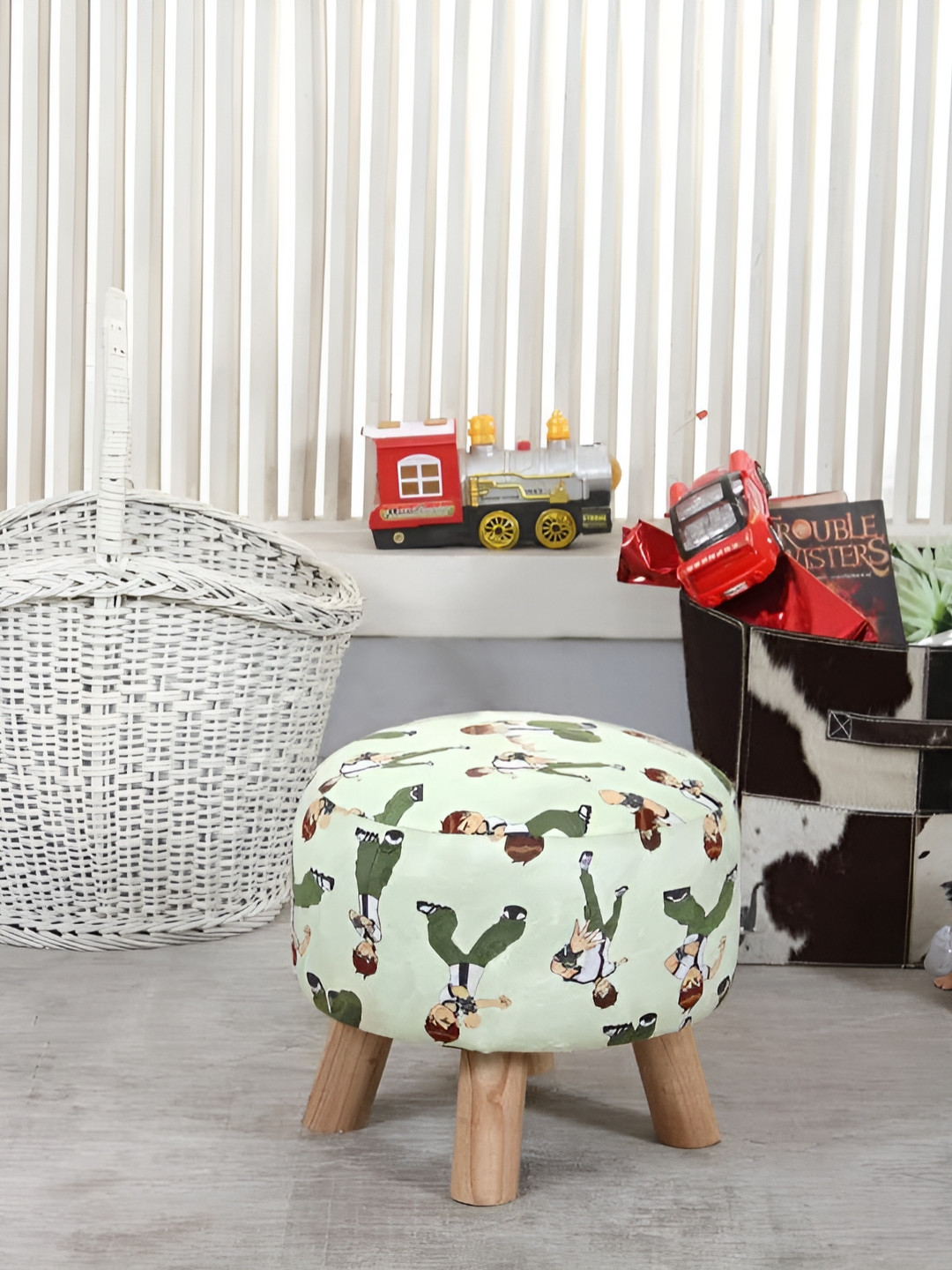 Shadowkart Green Printed Wooden Mudda Pouffe Ottoman