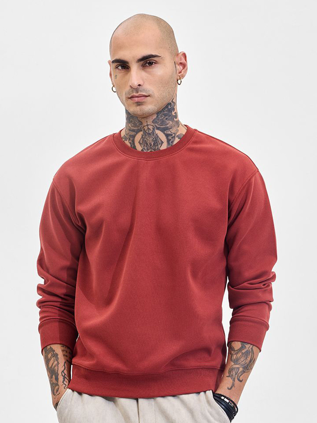 Snitch Men Terracotta Solid Sweatshirts