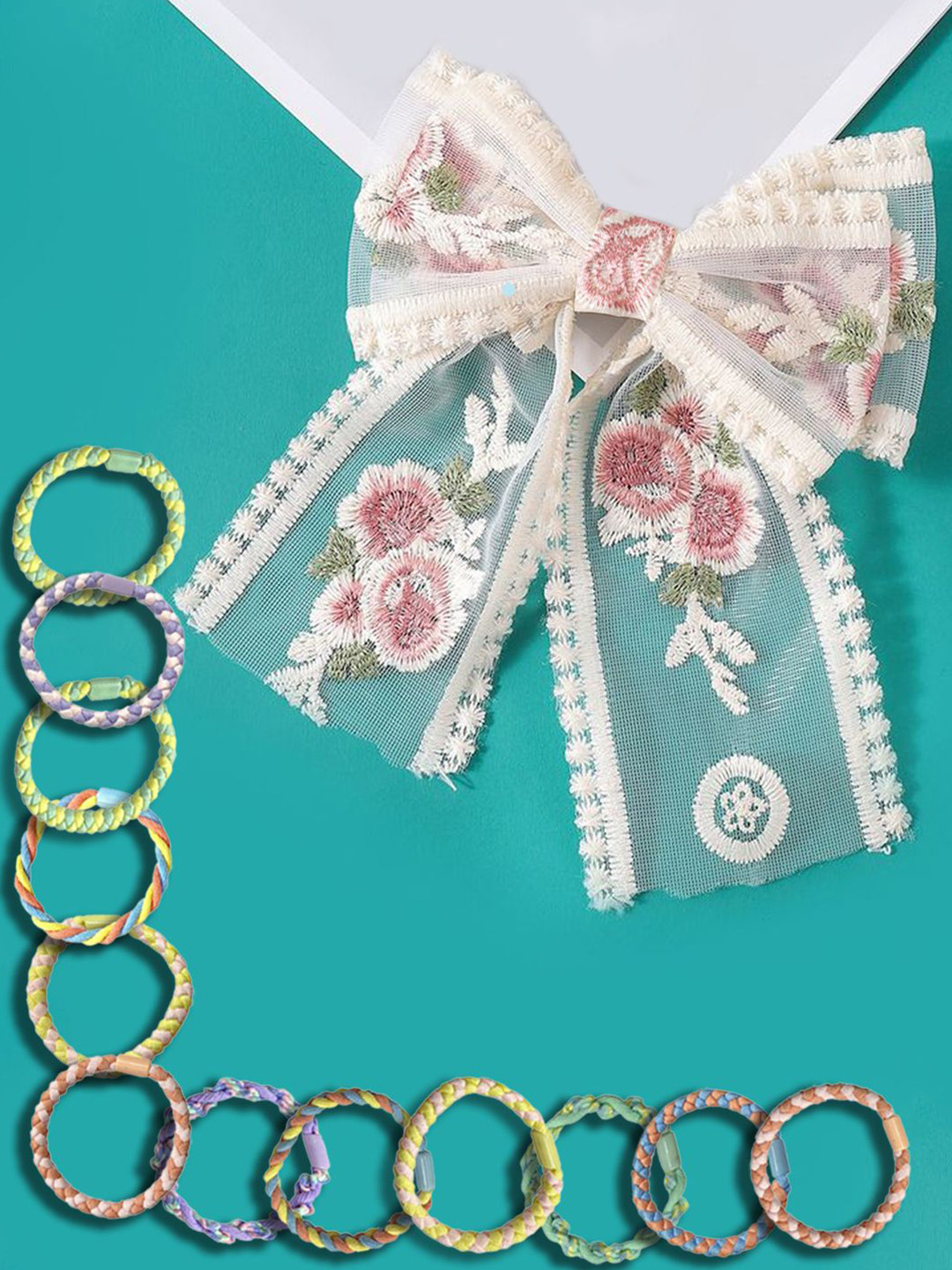 LYKAA Set of 13 Embroidered Hair Bow With Braided Rubber Bands Combo