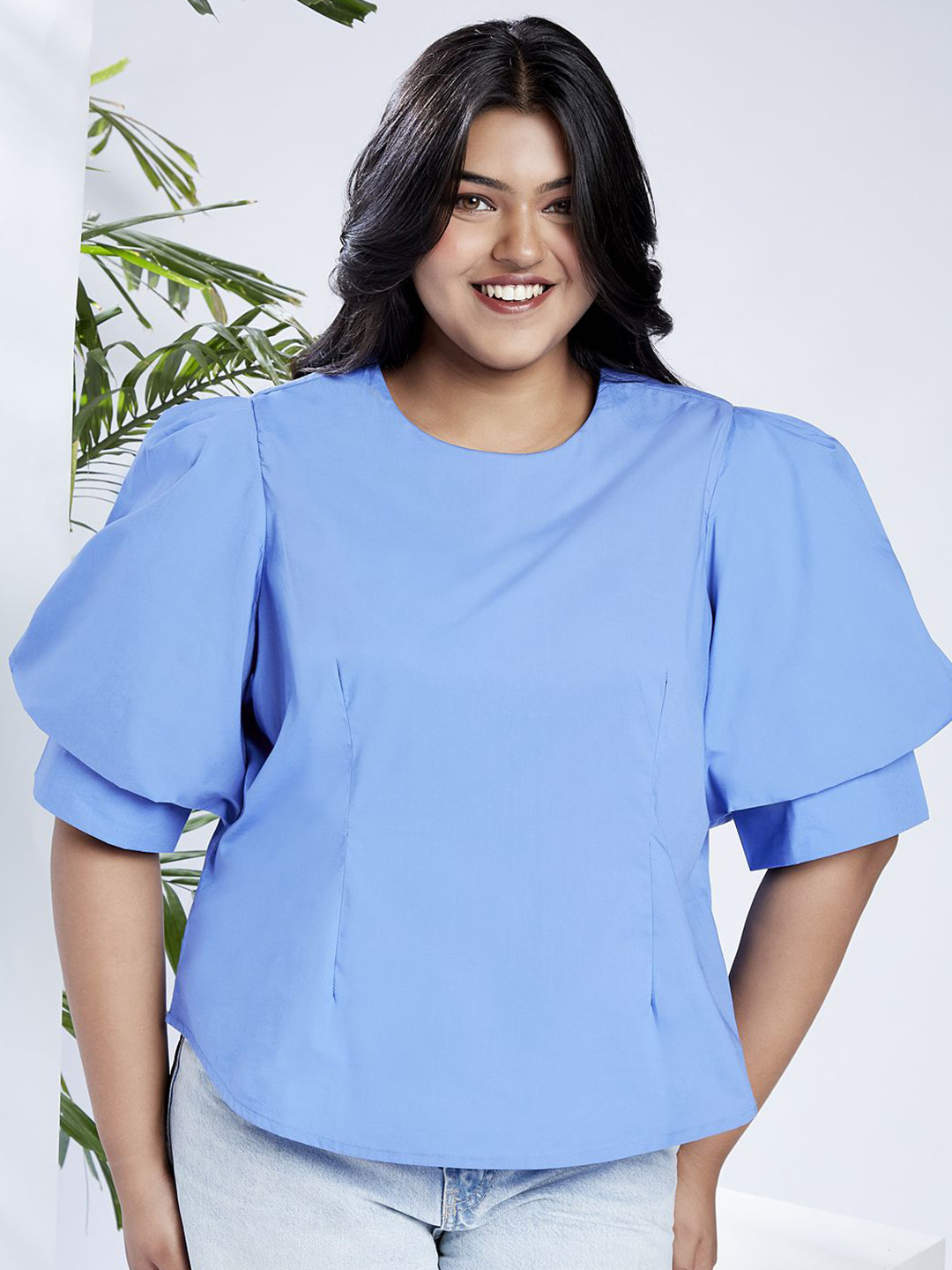 Globus Gloplus Puff Sleeves Round Neck Back Button Plus Size Shirt Style Workwear Top