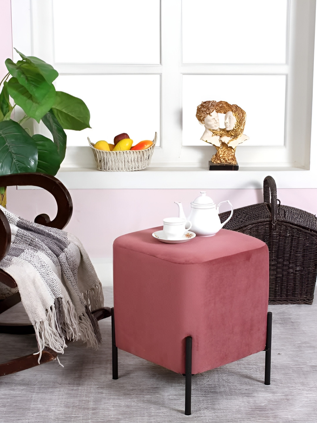 Shadowkart Maroon Wooden Mudda Pouffe Ottoman