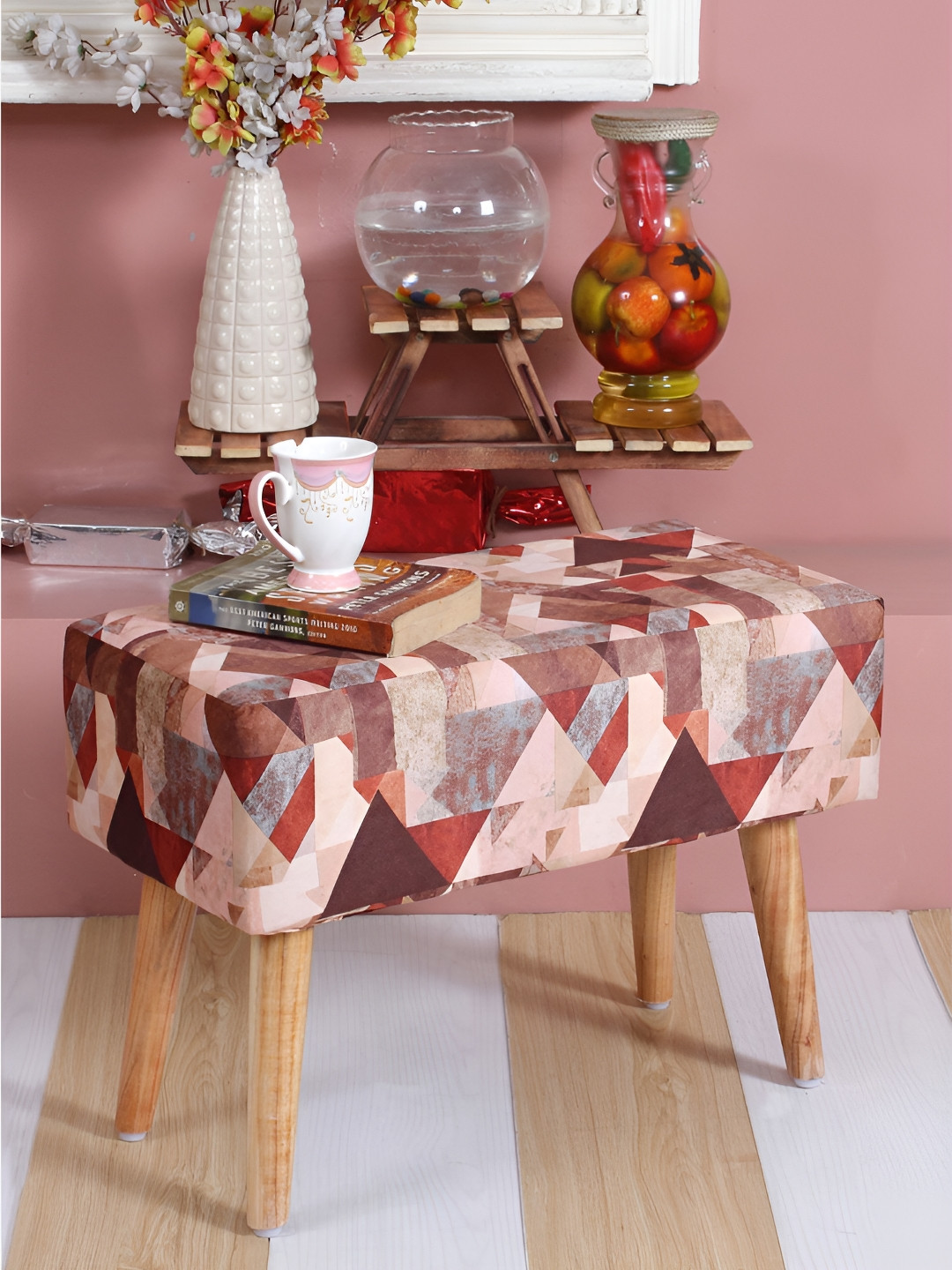 Shadowkart Brown Printed Wooden Rectangular Shaped Ottomans