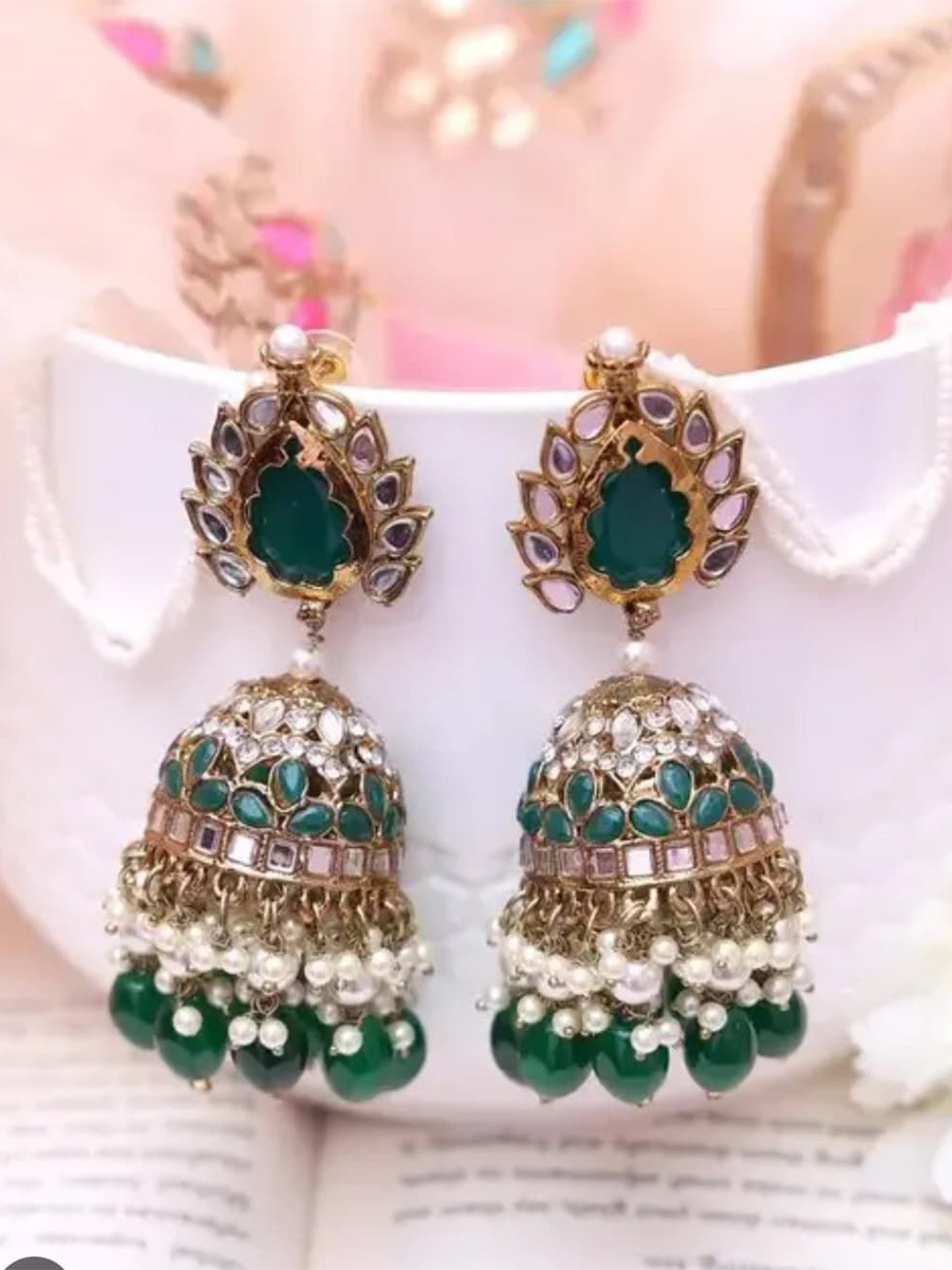Crown Fabulous Jewellery Gold-Plated Kundan Studded Dome Shaped Jhumkas
