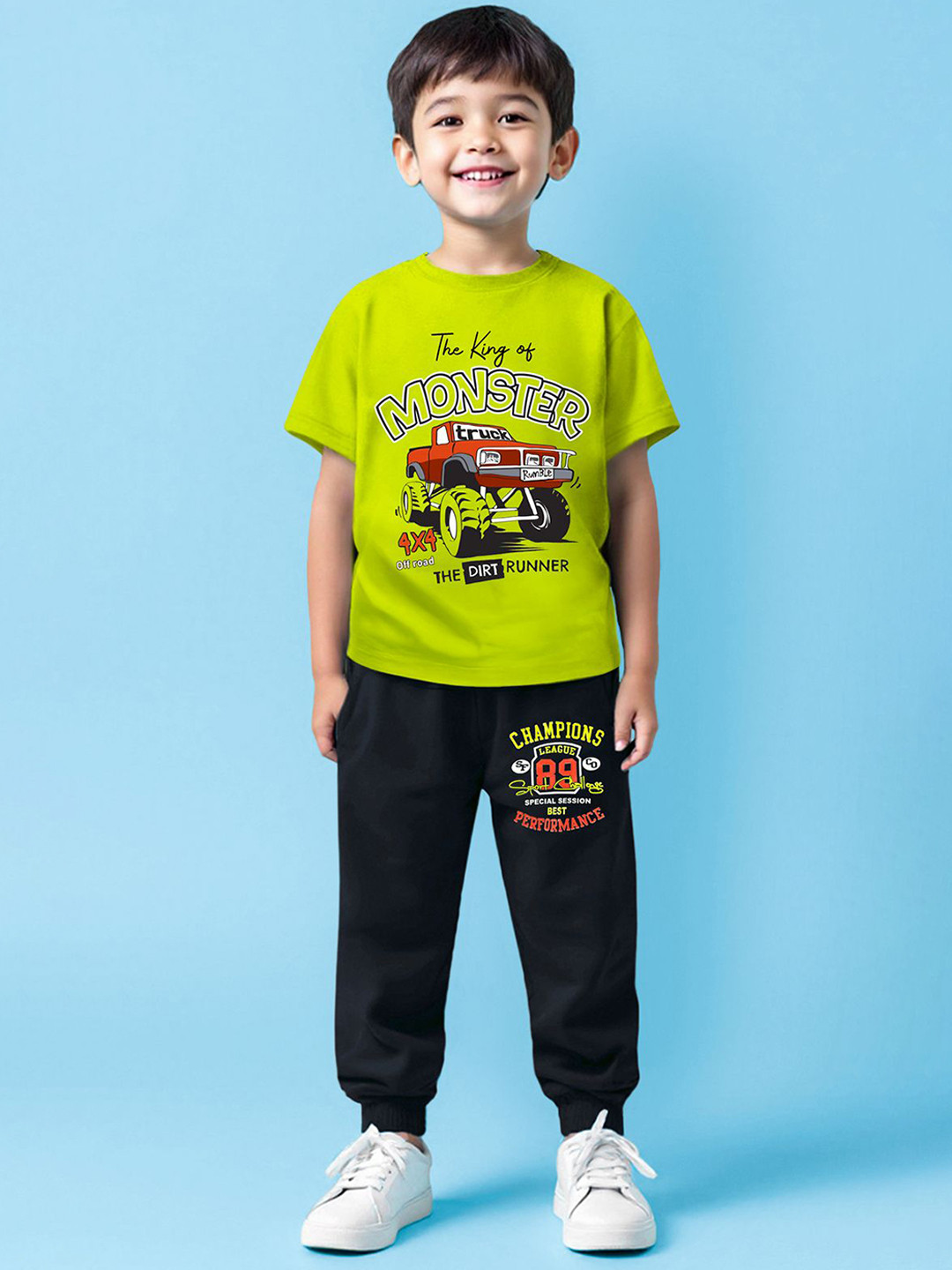 YK X Trampoline Boys Round Neck Printed T-shirt With Joggers