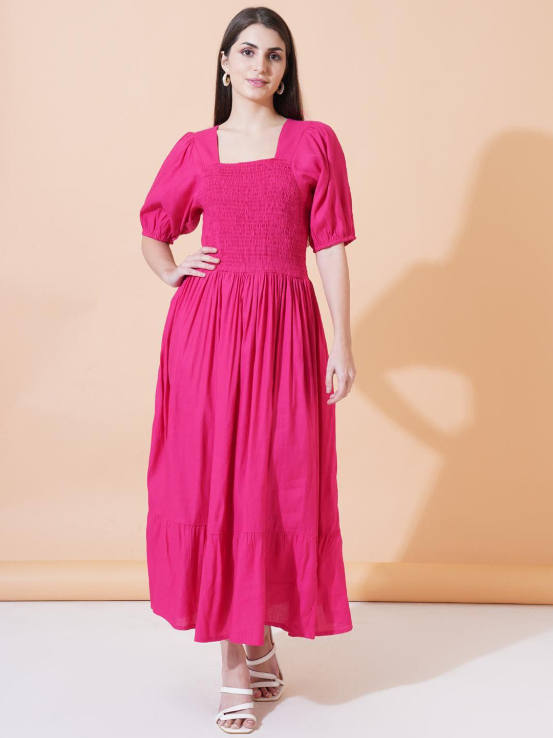 SAAKAA Women Square Neck Puff Sleeves Maxi Fit & Flare Dress