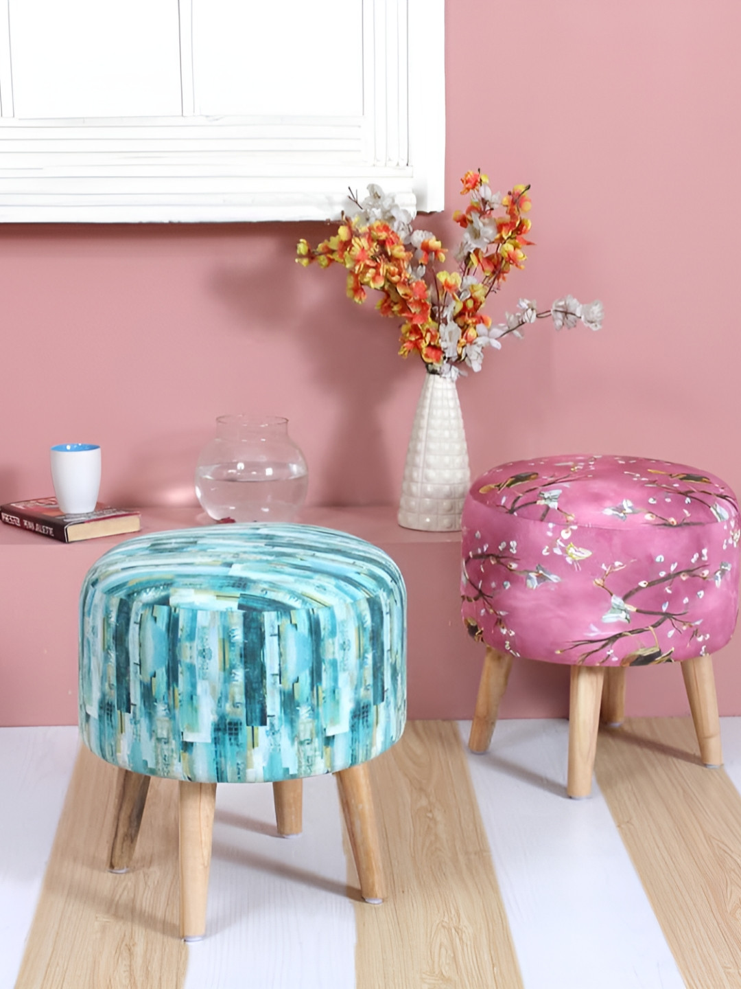 Shadowkart 2 Pcs Pink & Turquoise Blue Wooden Pouffe Ottoman
